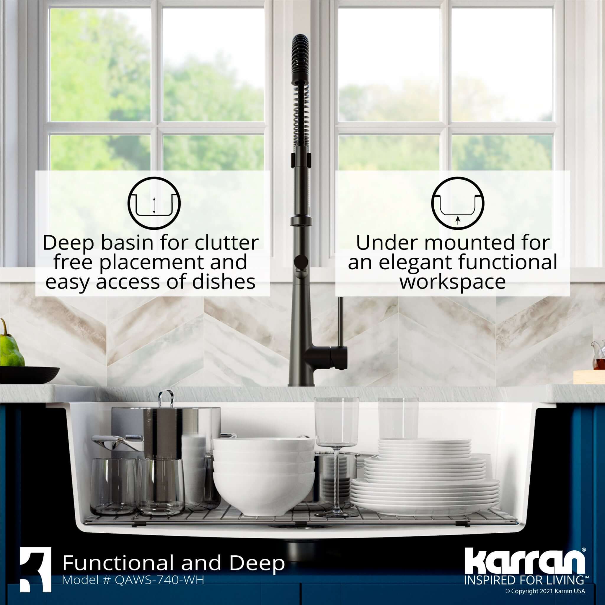 Karran 34" Quartz Composite Workstation Farmhouse Sink with Accessories, White, QAWS-740-WH