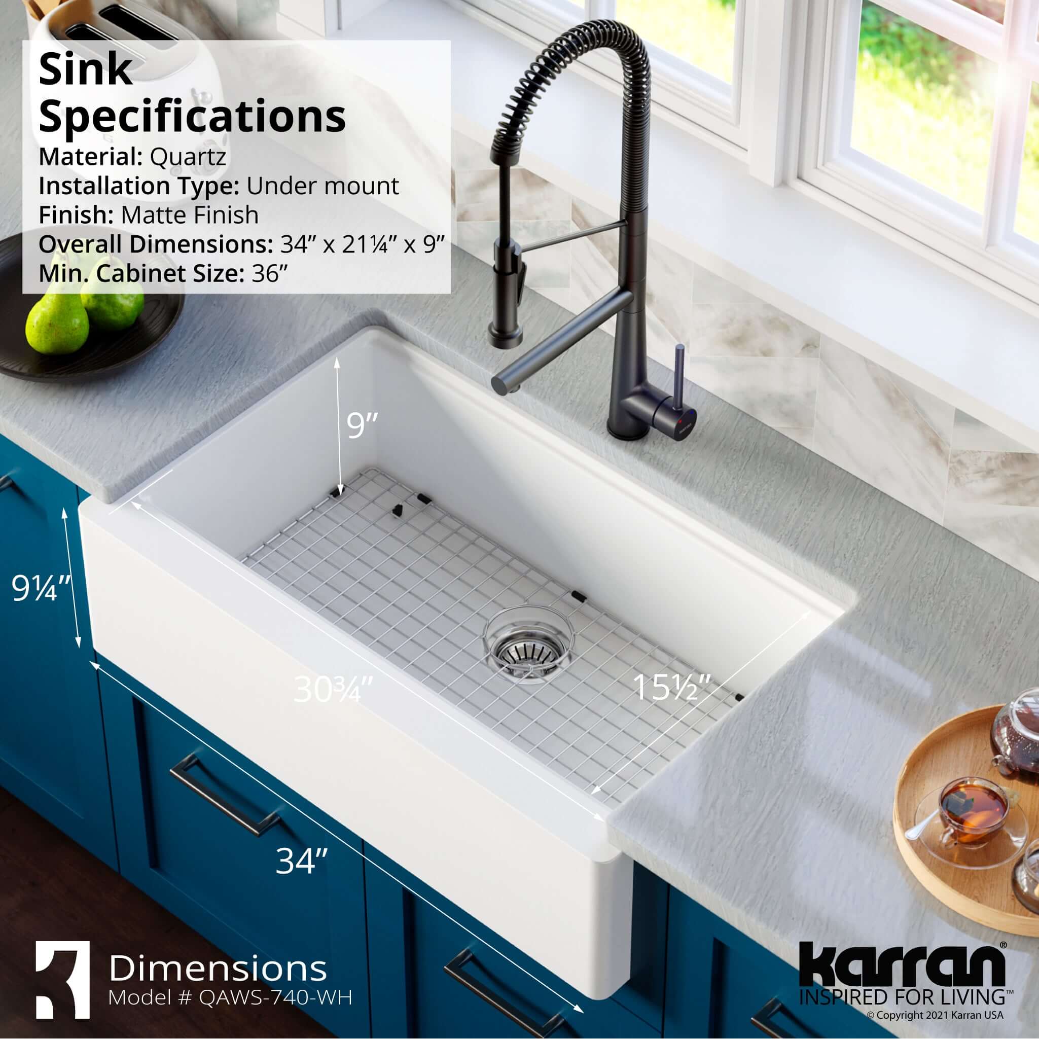 Karran 34" Quartz Composite Workstation Farmhouse Sink with Accessories, White, QAWS-740-WH