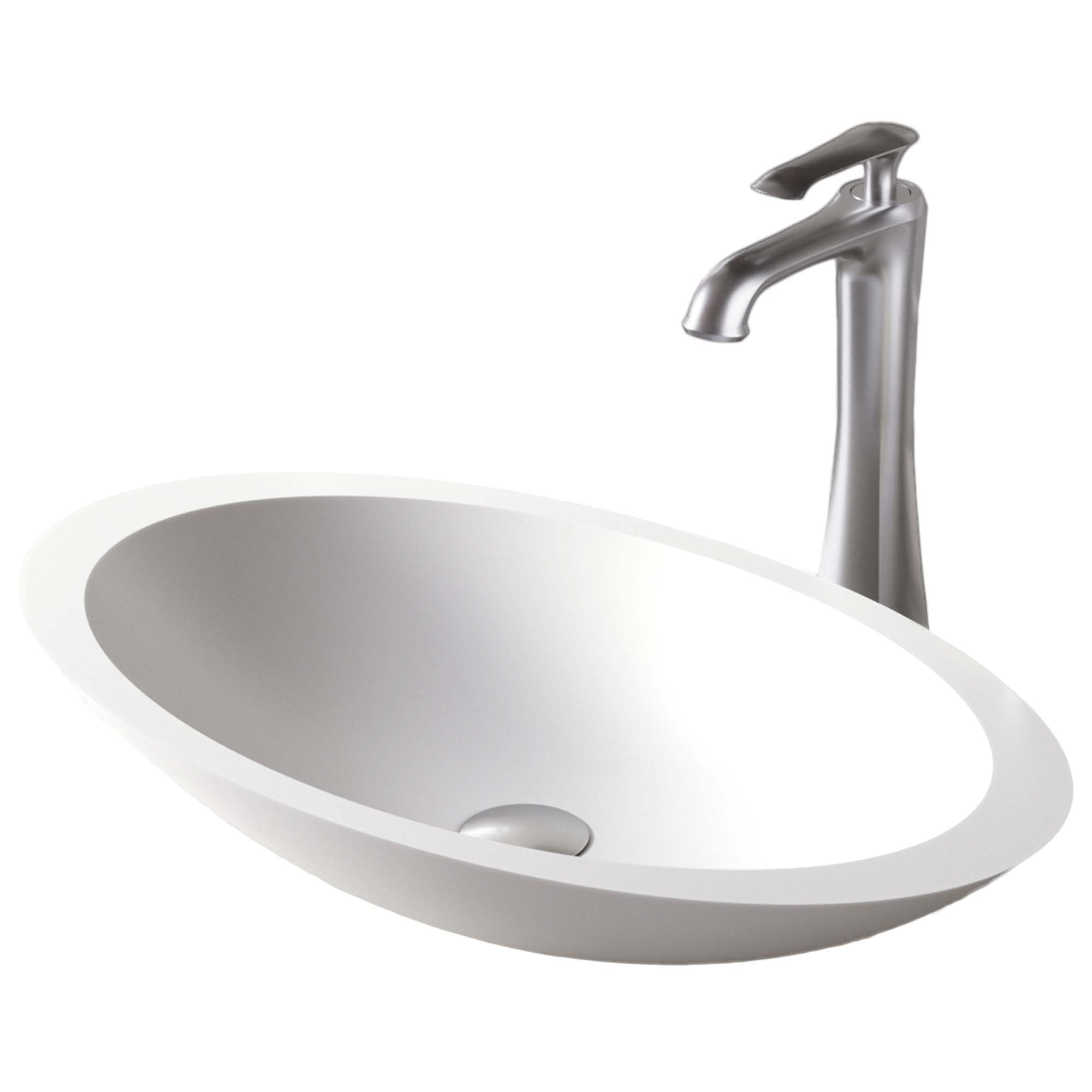 Karran Quattro 23" x 13.25" Oval Vessel Acrylic Solid Surface ADA Bathroom Sink with Stainless Steel Faucet and Accessories, White, QM160WH412SS
