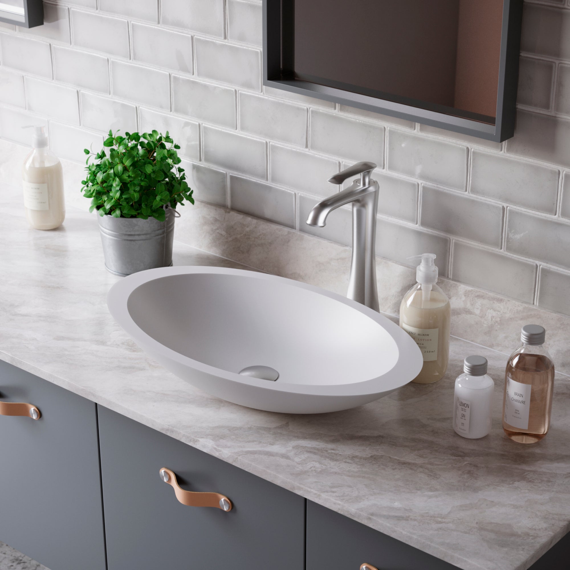 Karran Quattro 23" x 13.25" Oval Vessel Acrylic Solid Surface ADA Bathroom Sink with Stainless Steel Faucet and Accessories, White, QM160WH412SS