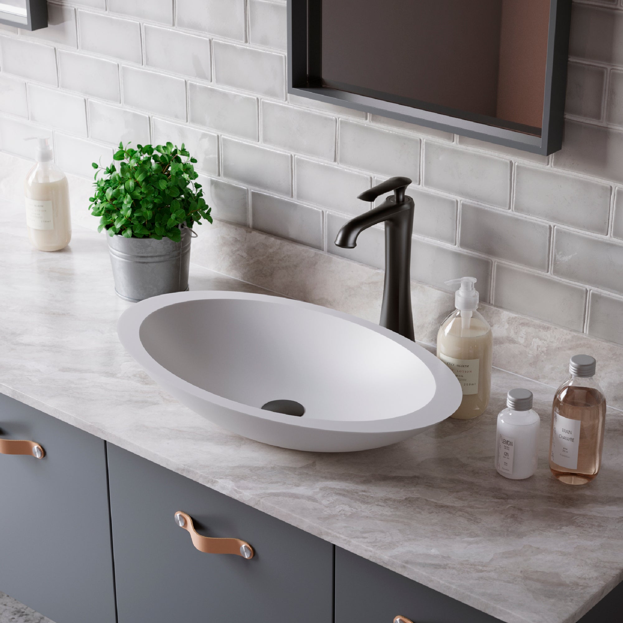 Karran Quattro 23" x 13.25" Oval Vessel Acrylic Solid Surface ADA Bathroom Sink with Matte Black Faucet and Accessories, White, QM160WH412MB