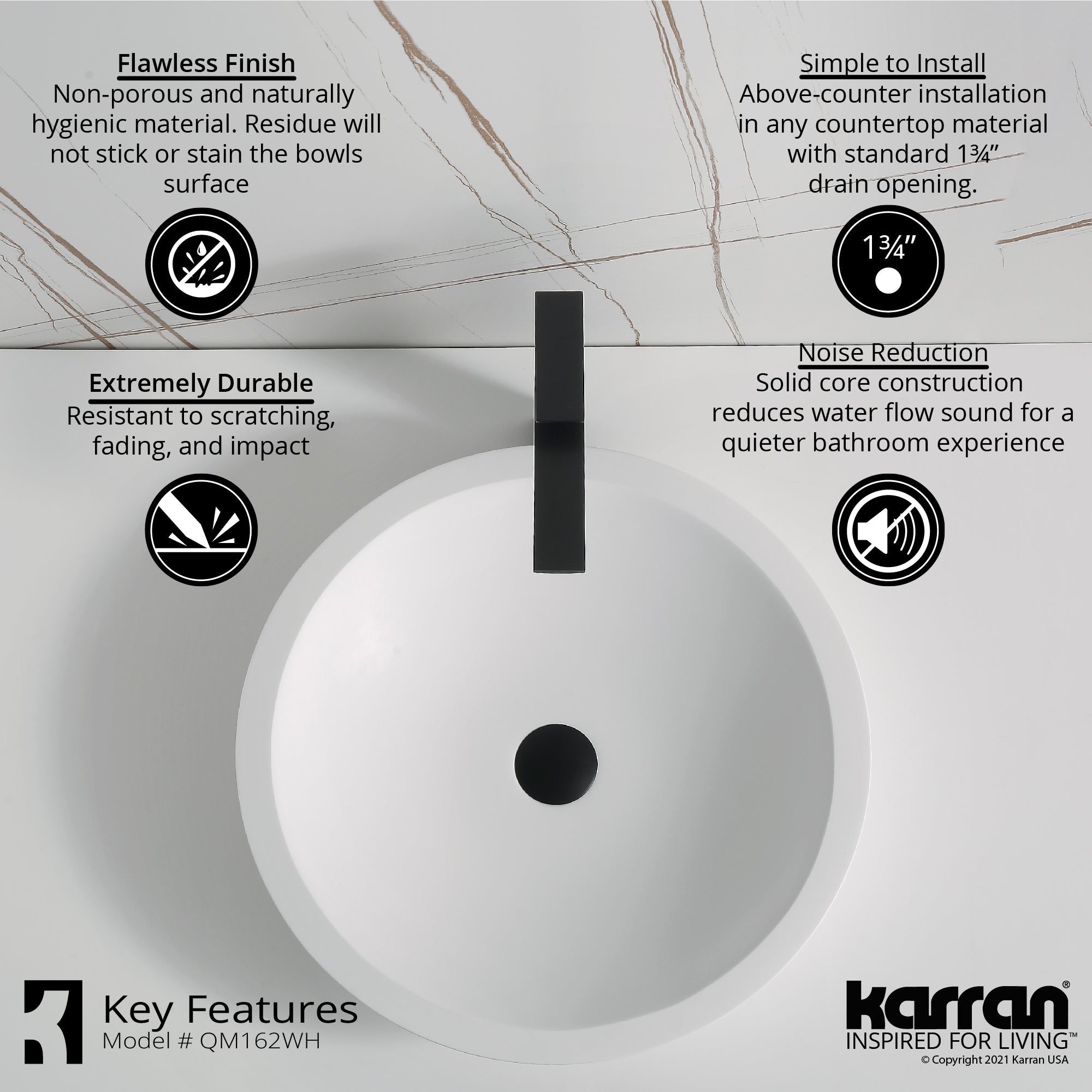 Karran Quattro 19.25" x 19.25" Round Vessel Acrylic Solid Surface ADA Bathroom Sink with Matte Black Faucet and Accessories, White, QM162WH412MB