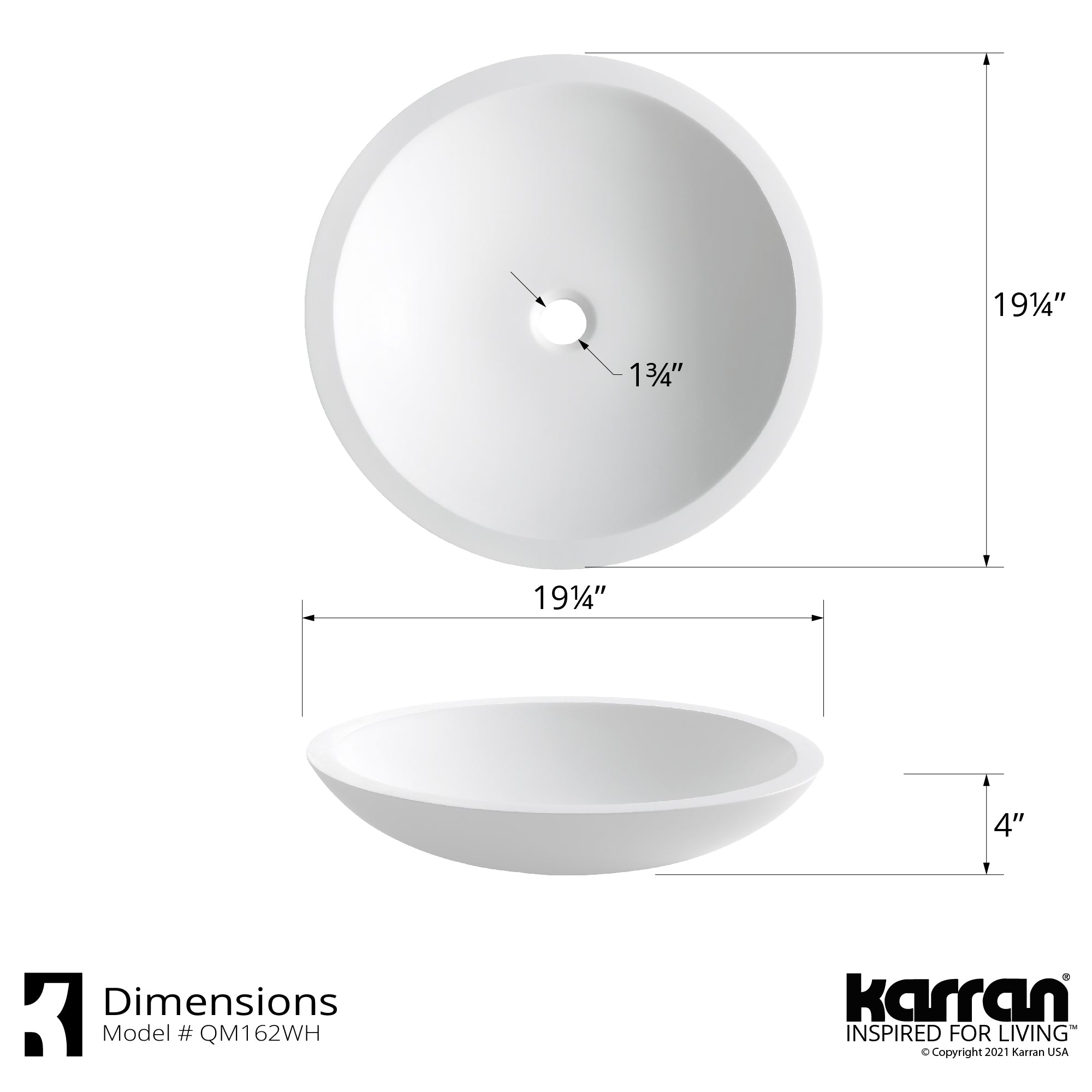 Karran Quattro 19.25" x 19.25" Round Vessel Acrylic Solid Surface ADA Bathroom Sink with Matte Black Faucet and Accessories, White, QM162WH412MB