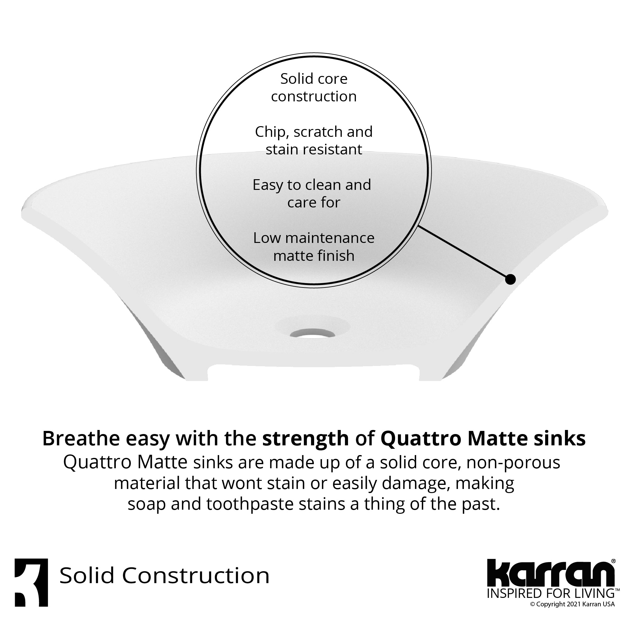 Karran Quattro 19.25" x 19.25" Round Vessel Acrylic Solid Surface ADA Bathroom Sink with Matte Black Faucet and Accessories, White, QM162WH412MB
