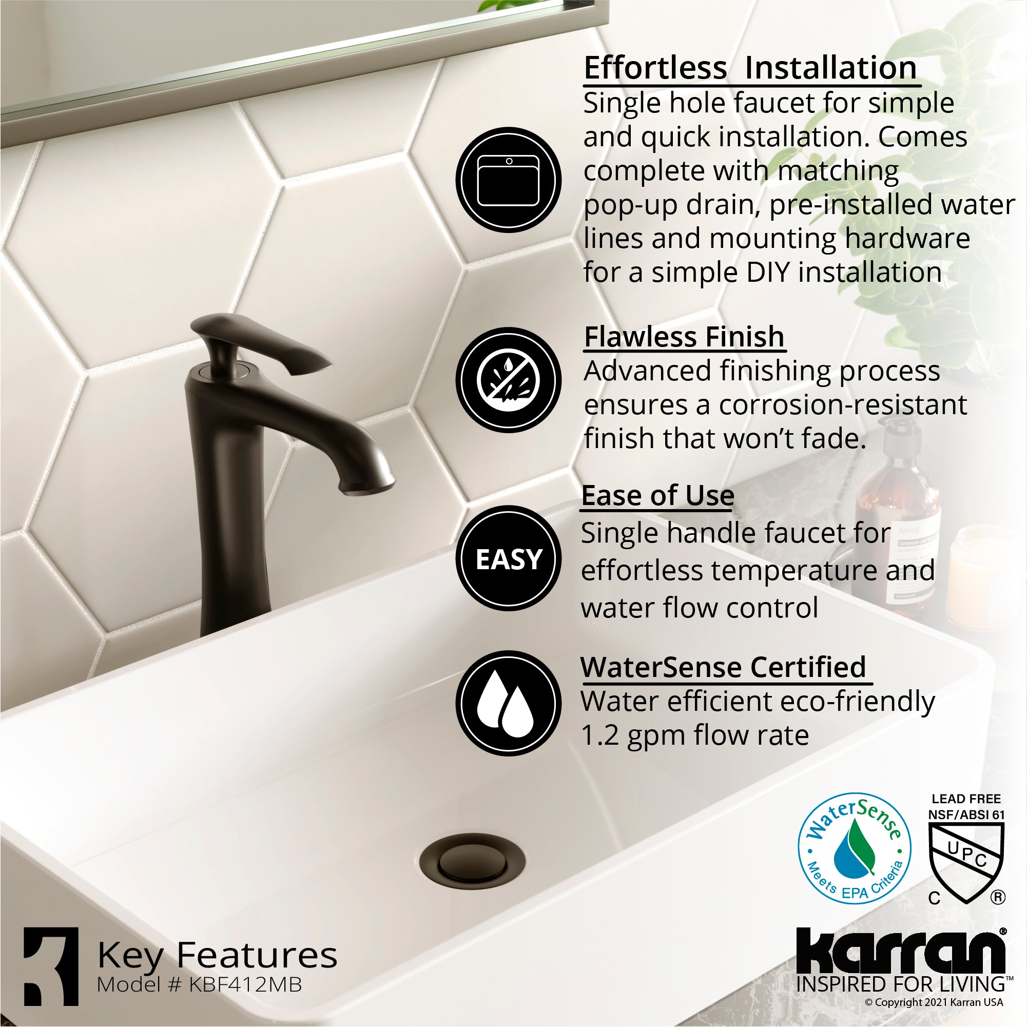 Karran Quattro 19.25" x 19.25" Round Vessel Acrylic Solid Surface ADA Bathroom Sink with Matte Black Faucet and Accessories, White, QM162WH412MB