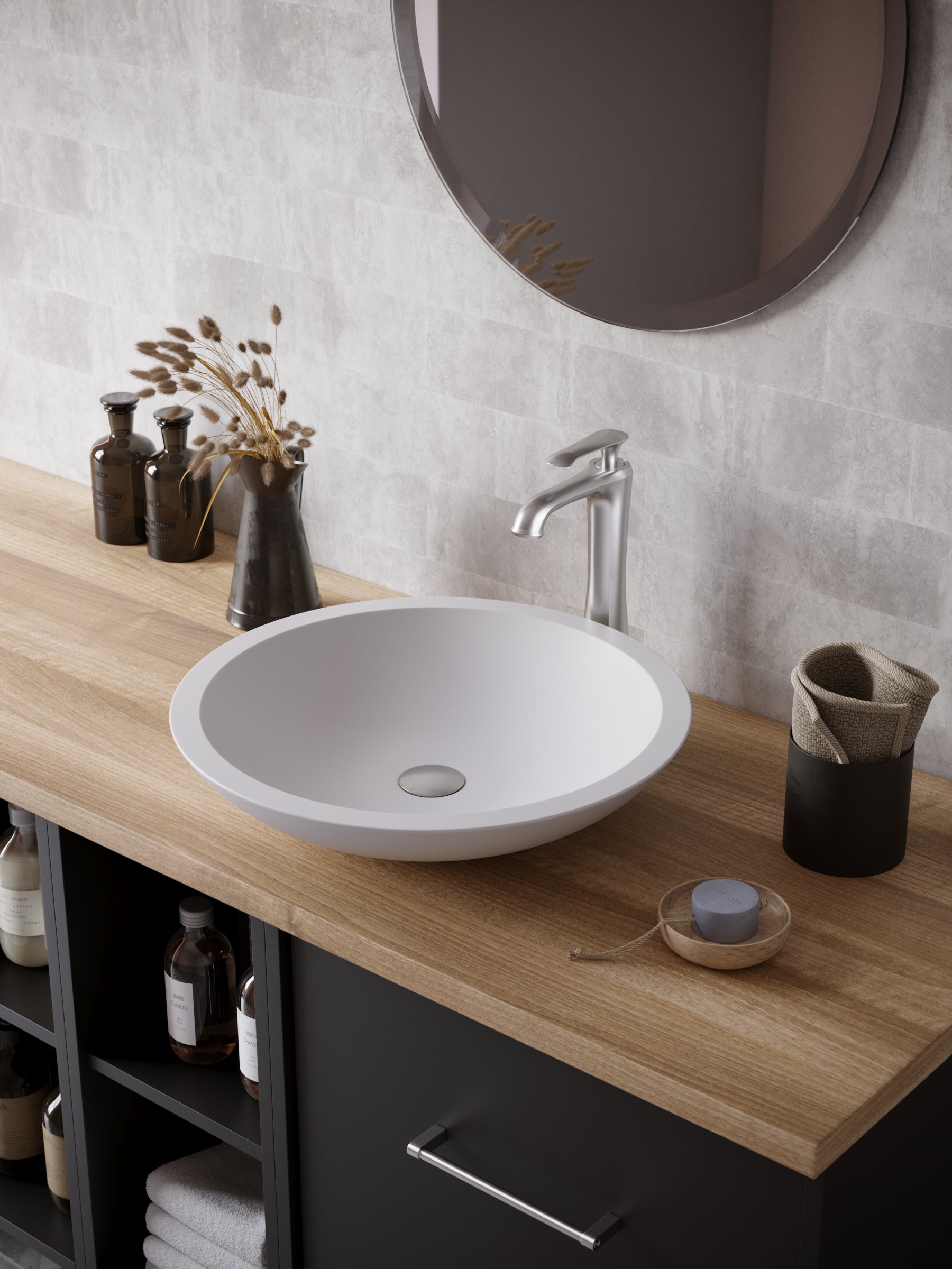 Karran Quattro 19.25" x 19.25" Round Vessel Acrylic Solid Surface ADA Bathroom Sink with Stainless Steel Faucet and Accessories, White, QM162WH412SS