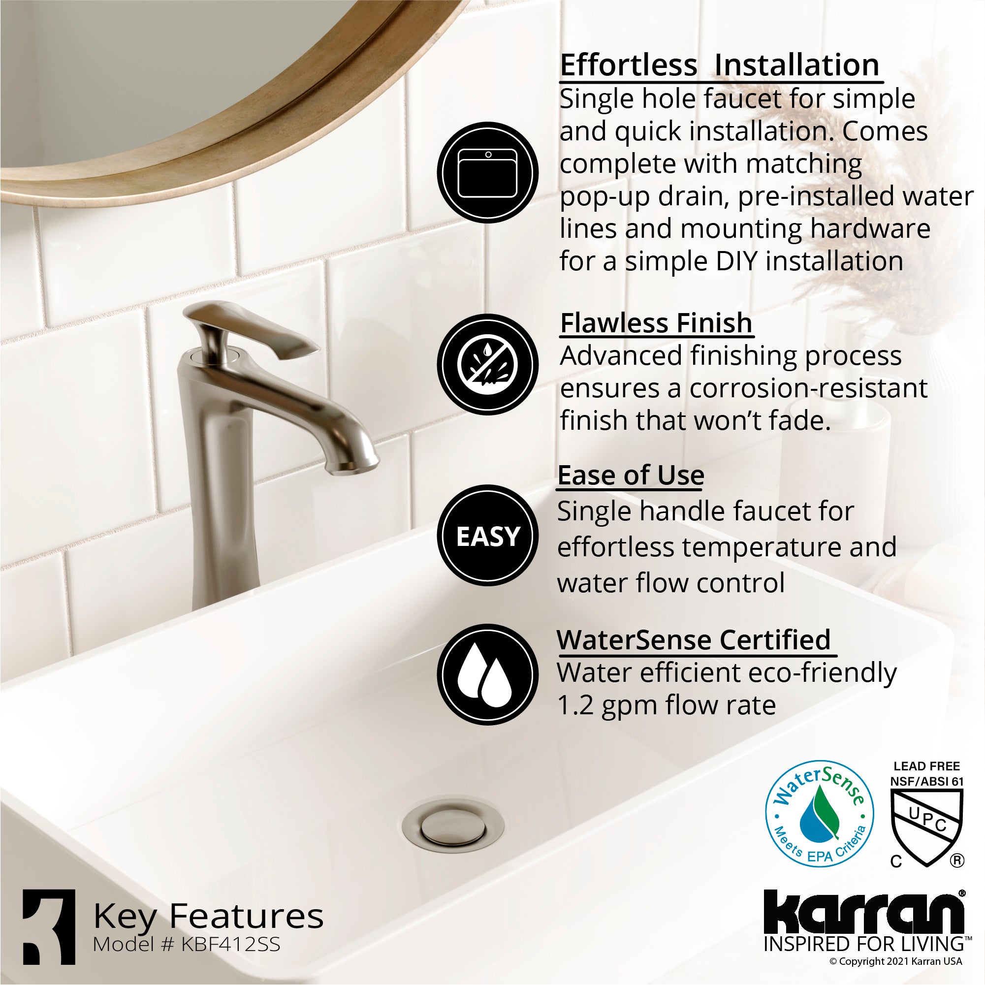 Karran Quattro 19.25" x 19.25" Round Vessel Acrylic Solid Surface ADA Bathroom Sink with Stainless Steel Faucet and Accessories, White, QM162WH412SS