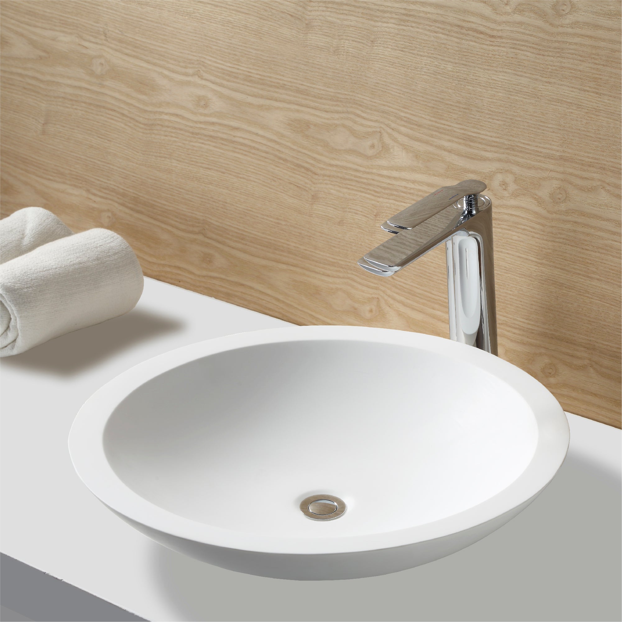 Karran Quattro 19.25" x 19.25" Round Vessel Acrylic Solid Surface ADA Bathroom Sink, White, QM162WH