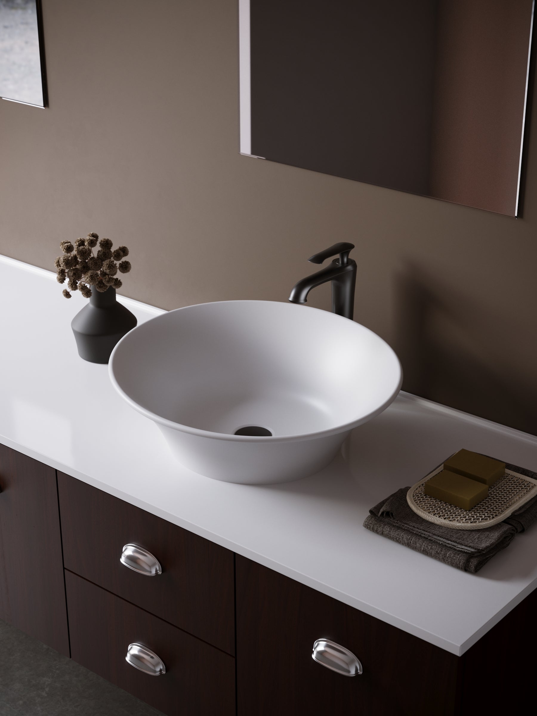 Karran Quattro 20.625" x 17" Oval Vessel Acrylic Solid Surface ADA Bathroom Sink with Matte Black Faucet and Accessories, White, QM164WH412MB