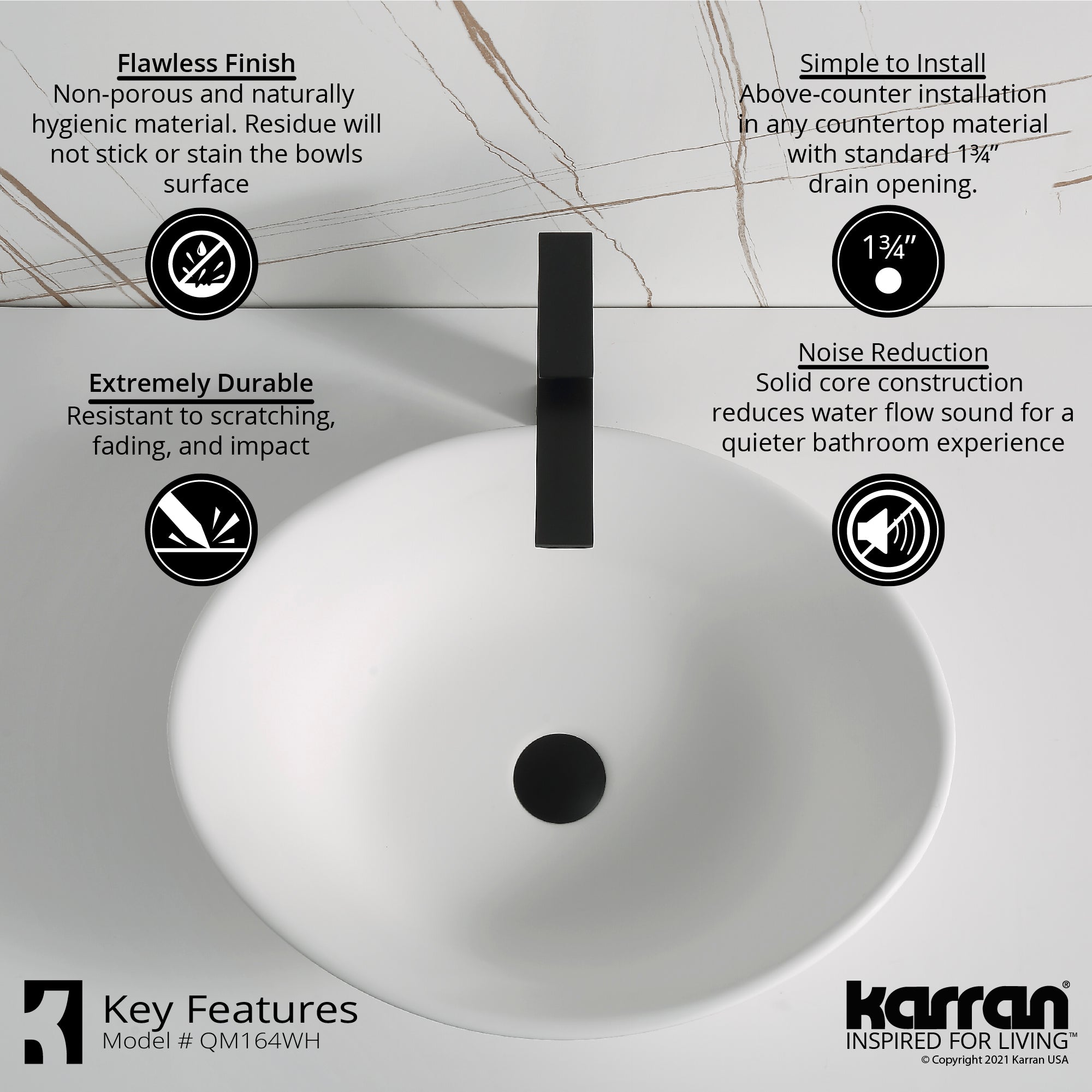 Karran Quattro 20.625" x 17" Oval Vessel Acrylic Solid Surface ADA Bathroom Sink with Stainless Steel Faucet and Accessories, White, QM164WH412SS