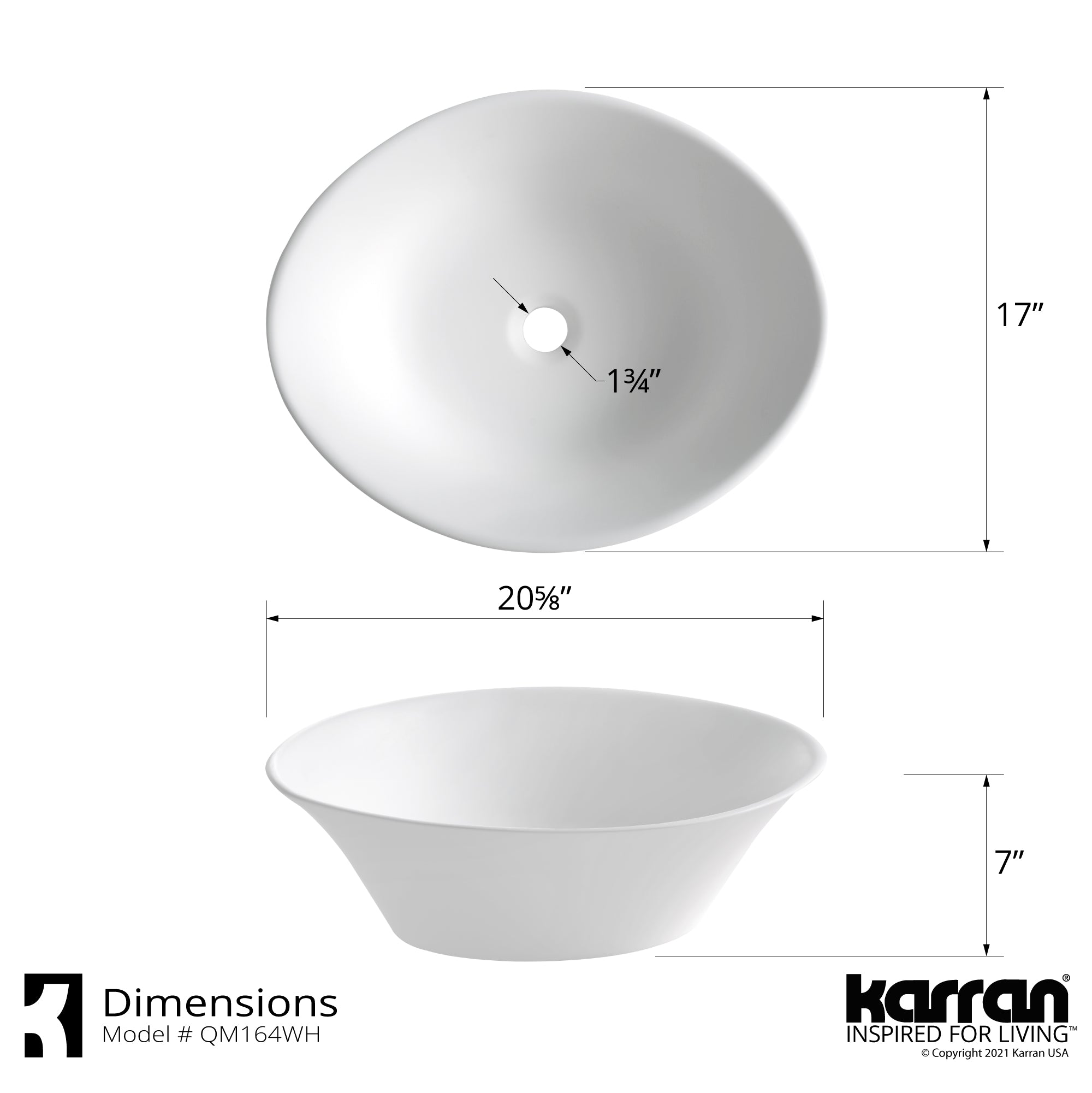Karran Quattro 20.625" x 17" Oval Vessel Acrylic Solid Surface ADA Bathroom Sink with Stainless Steel Faucet and Accessories, White, QM164WH412SS