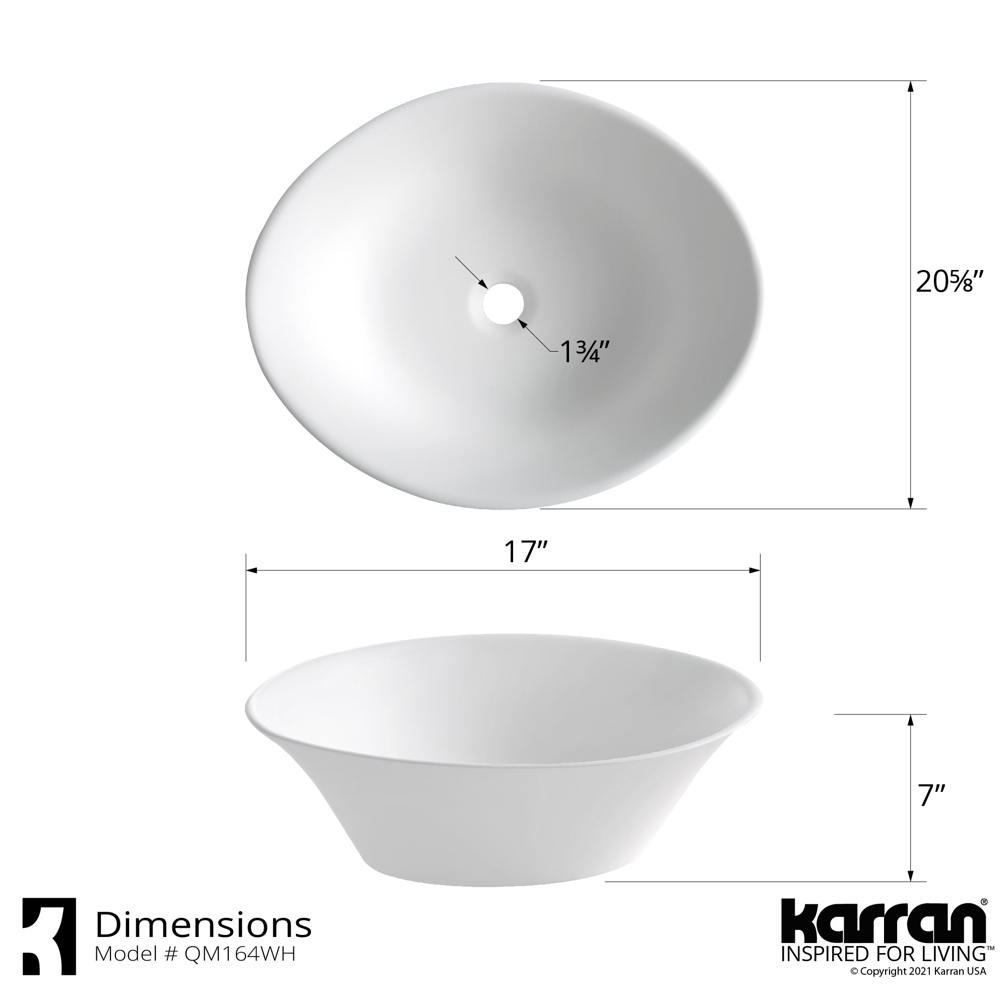 Karran Quattro 20.625" x 17" Oval Vessel Acrylic Solid Surface ADA Bathroom Sink, White, QM164WH
