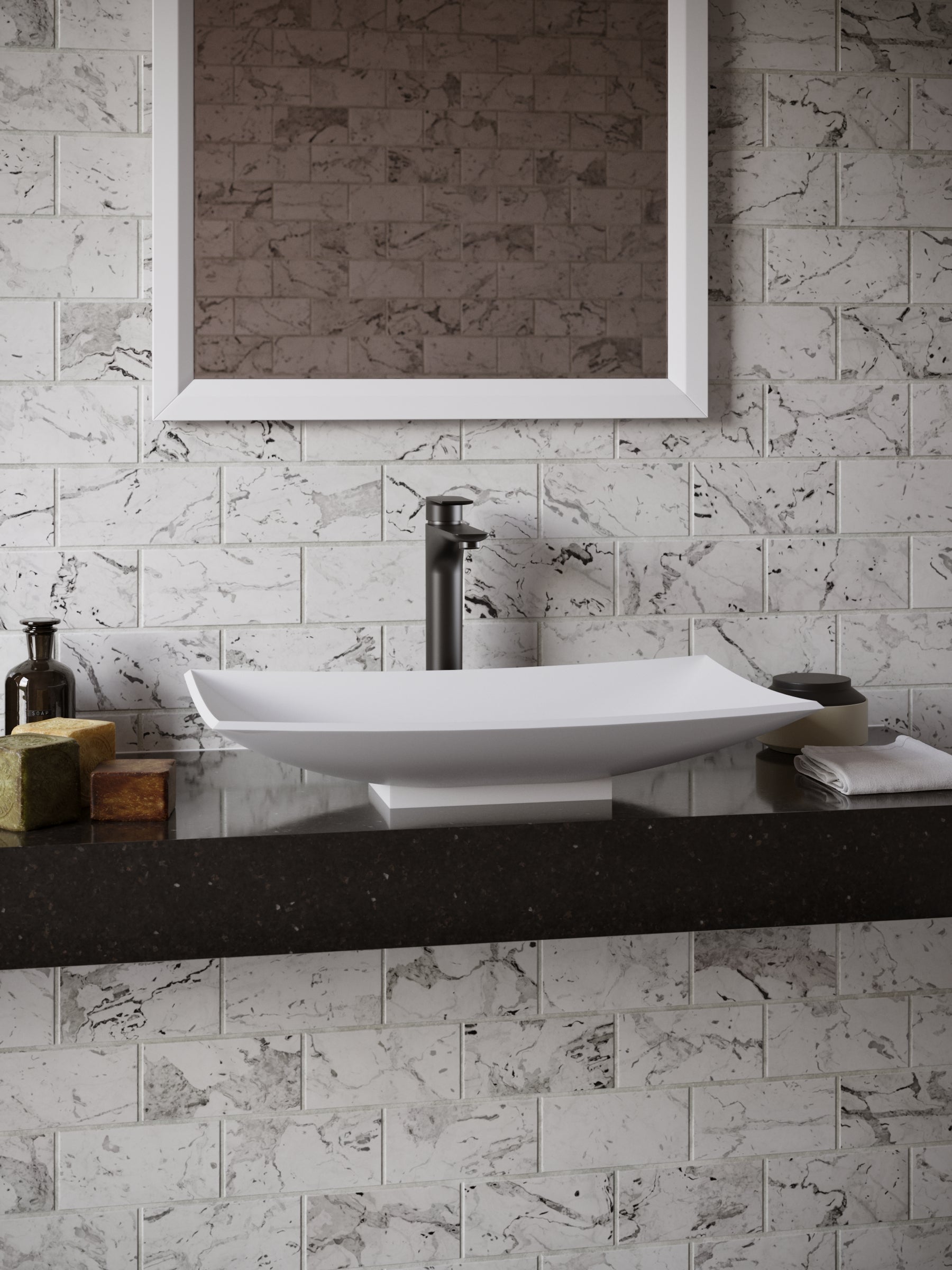 Karran Quattro 25.25" x 15.5" Rectangular Vessel Acrylic Solid Surface ADA Bathroom Sink with Matte Black Faucet and Accessories, White, QM170WH422MB