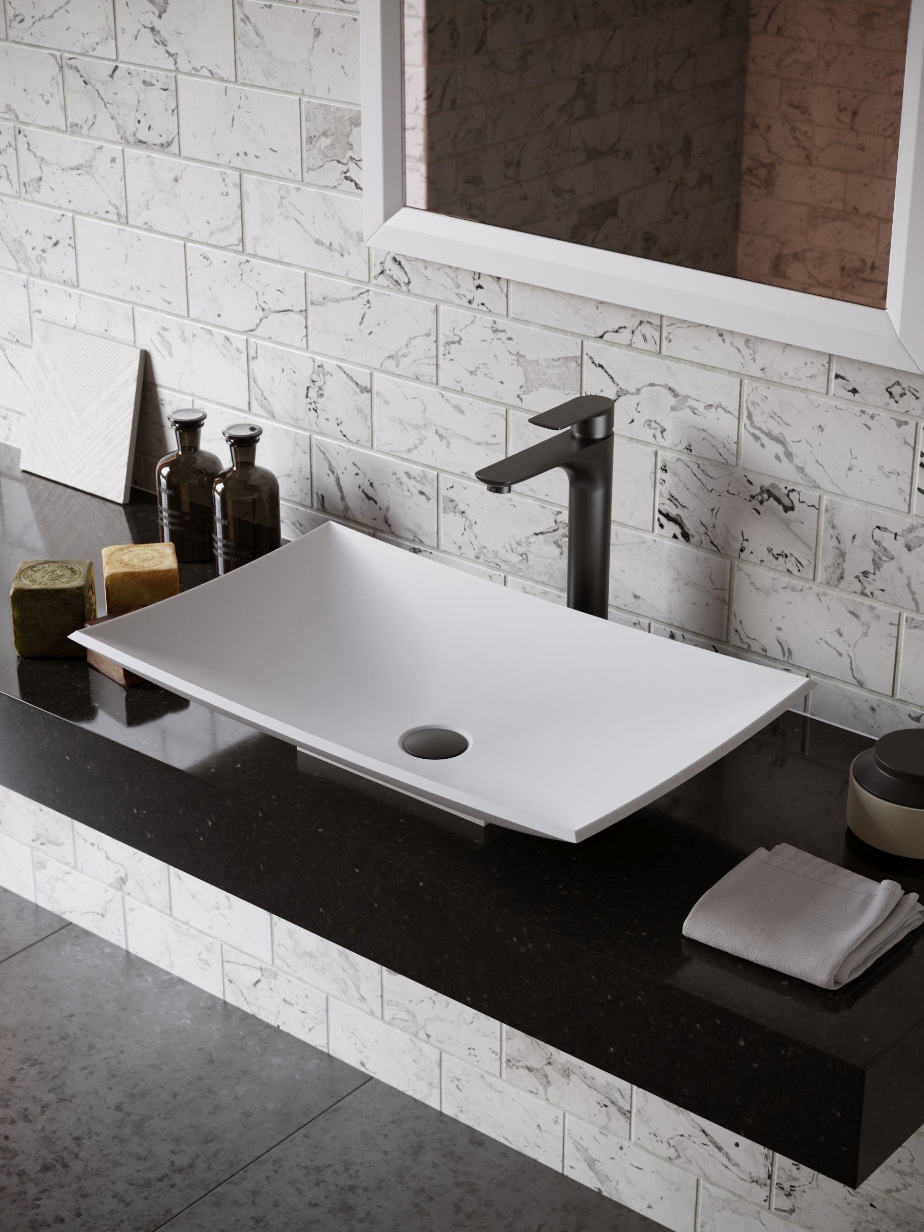 Karran Quattro 25.25" x 15.5" Rectangular Vessel Acrylic Solid Surface ADA Bathroom Sink with Matte Black Faucet and Accessories, White, QM170WH422MB