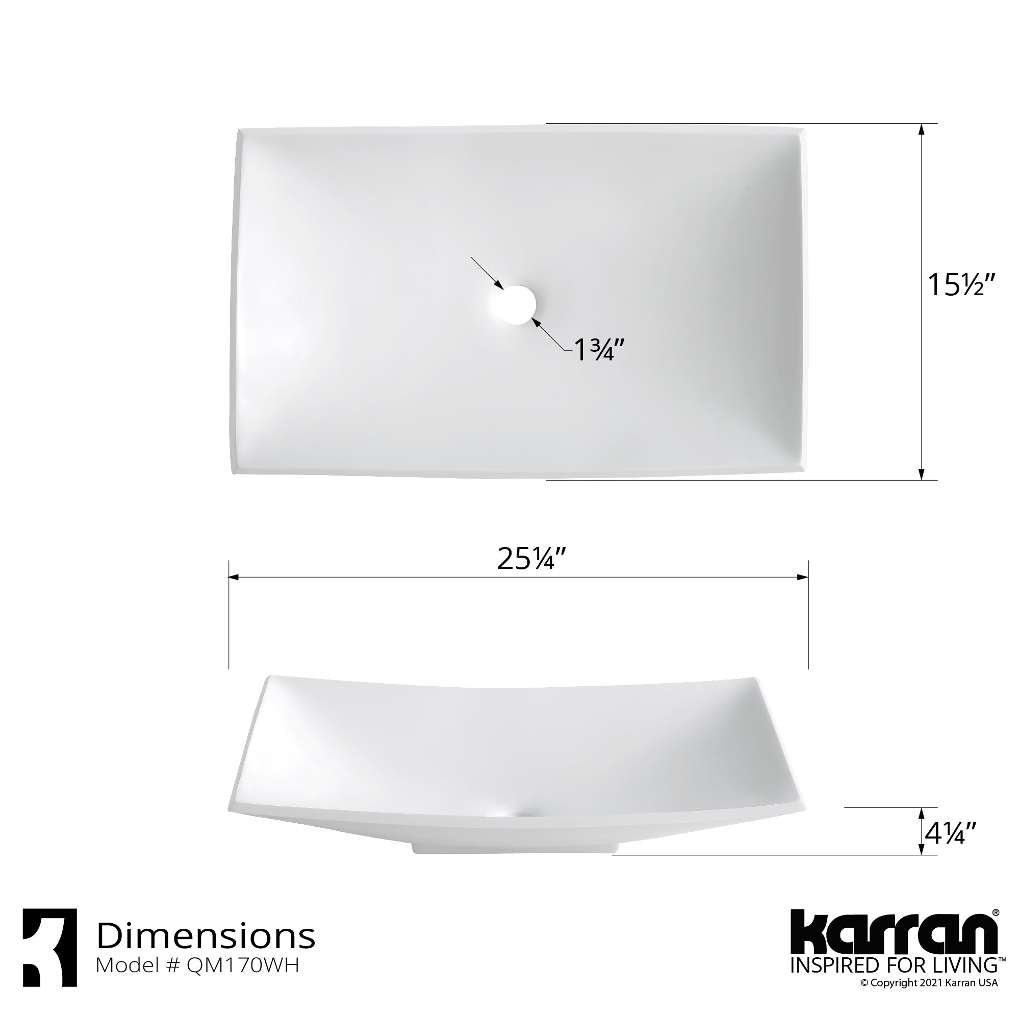 Karran Quattro 25.25" x 15.5" Rectangular Vessel Acrylic Solid Surface ADA Bathroom Sink with Matte Black Faucet and Accessories, White, QM170WH422MB