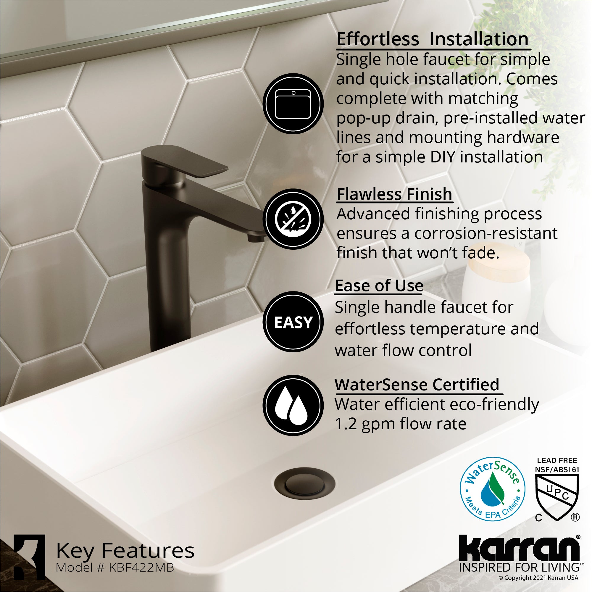 Karran Quattro 25.25" x 15.5" Rectangular Vessel Acrylic Solid Surface ADA Bathroom Sink with Matte Black Faucet and Accessories, White, QM170WH422MB