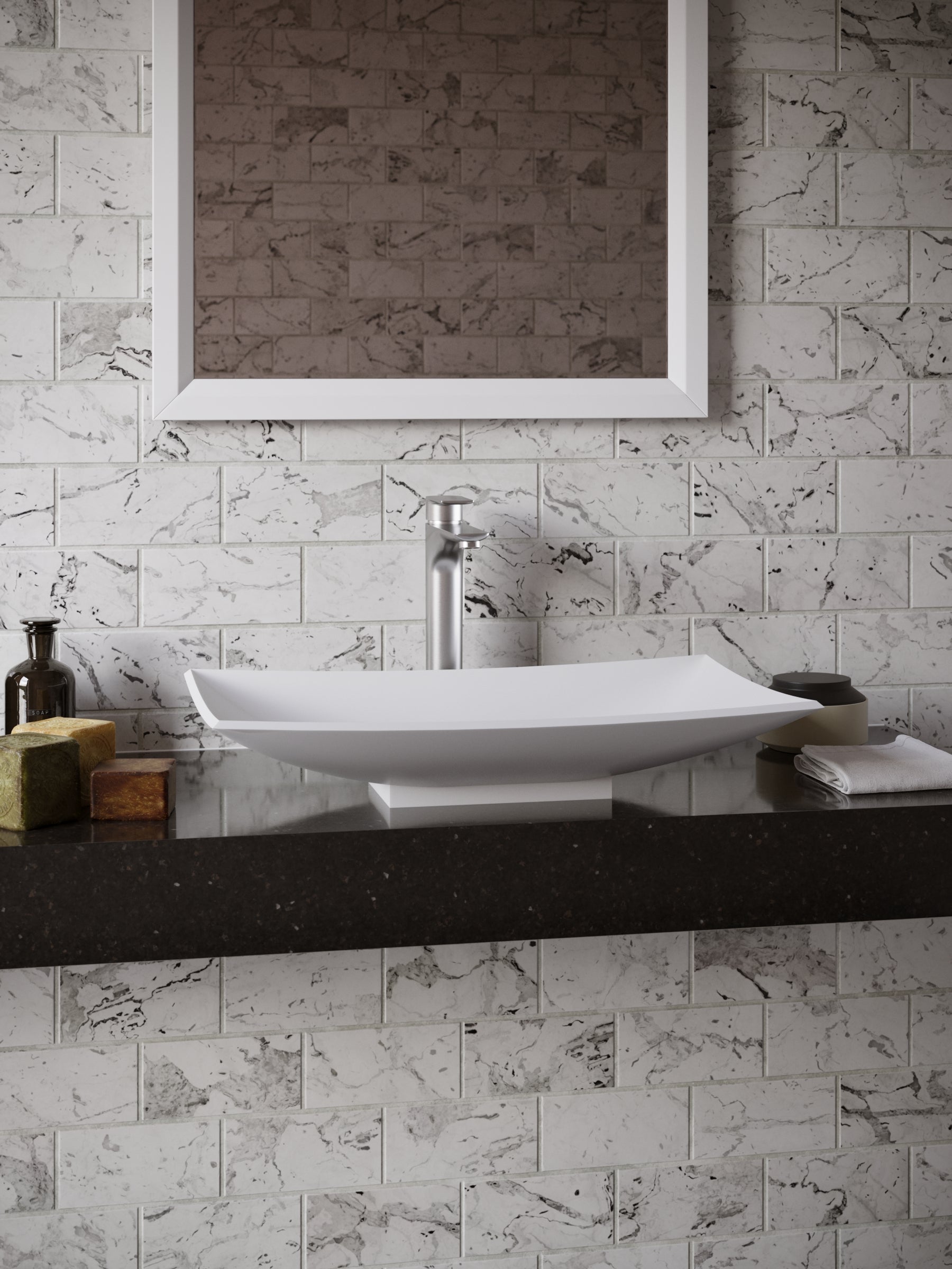 Karran Quattro 25.25" x 15.5" Rectangular Vessel Acrylic Solid Surface ADA Bathroom Sink with Stainless Steel Faucet and Accessories, White, QM170WH422SS