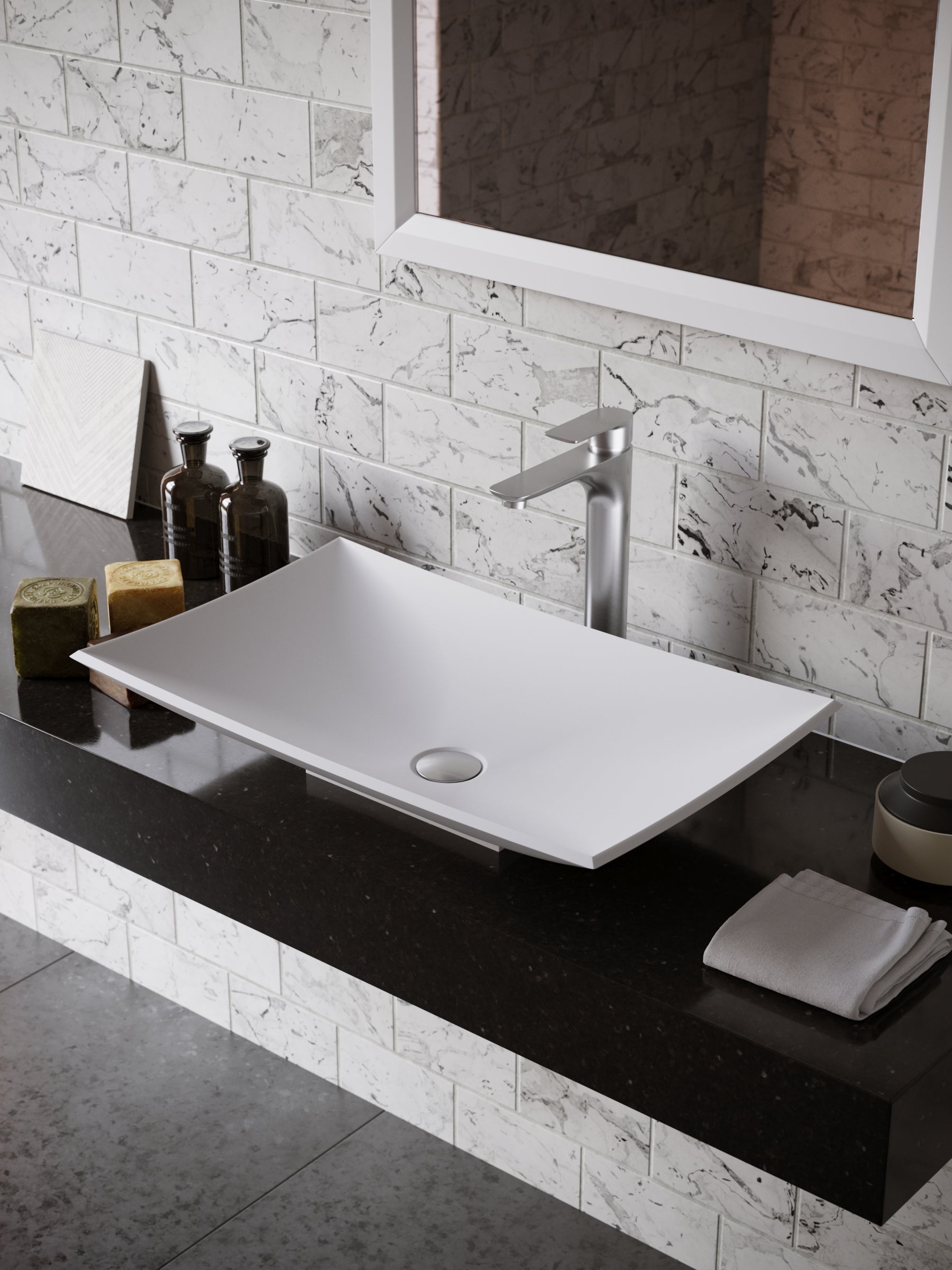 Karran Quattro 25.25" x 15.5" Rectangular Vessel Acrylic Solid Surface ADA Bathroom Sink with Stainless Steel Faucet and Accessories, White, QM170WH422SS