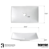 Karran Quattro 25.25" x 15.5" Rectangular Vessel Acrylic Solid Surface ADA Bathroom Sink with Stainless Steel Faucet and Accessories, White, QM170WH422SS