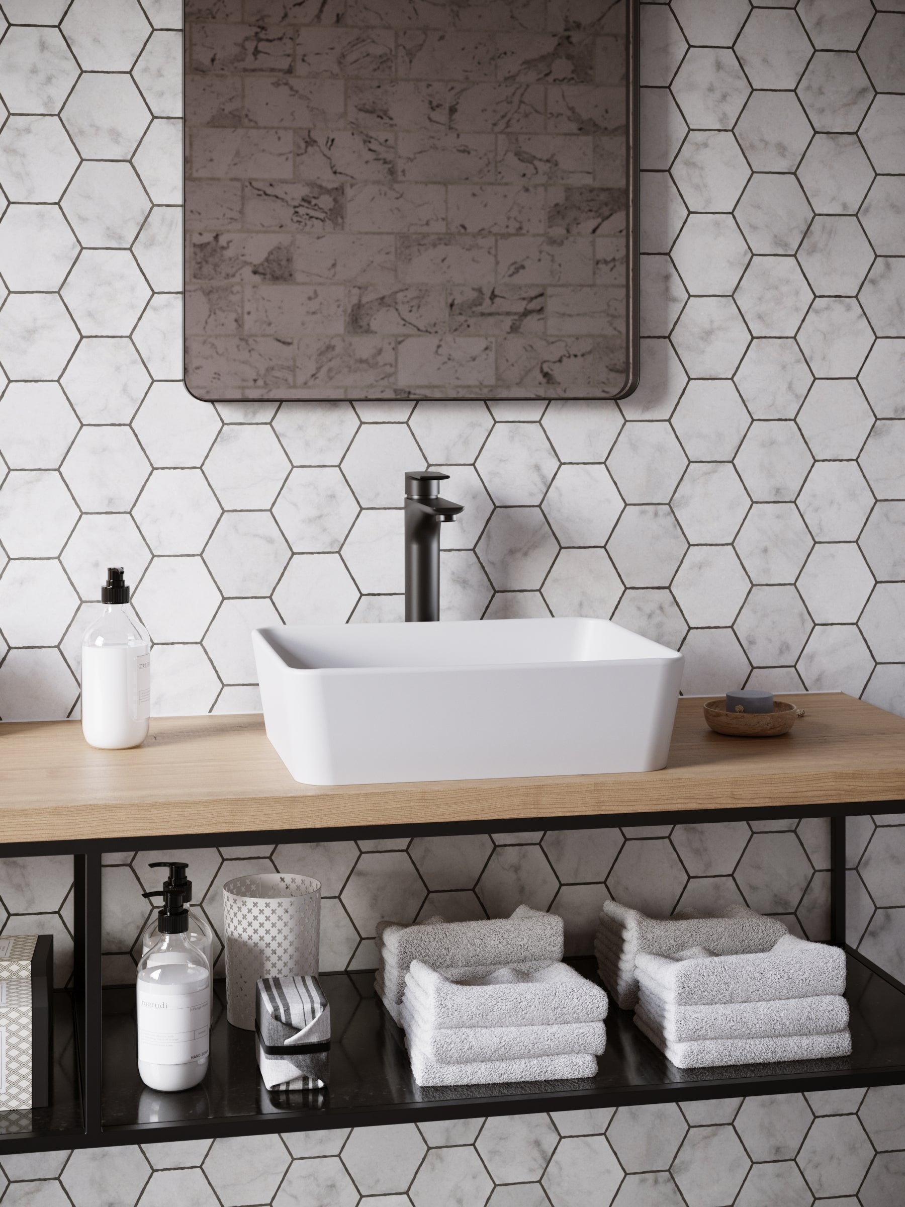 Karran Quattro 18" x 14.5" Rectangular Vessel Acrylic Solid Surface ADA Bathroom Sink with Matte Black Faucet and Accessories, White, QM172WH422MB