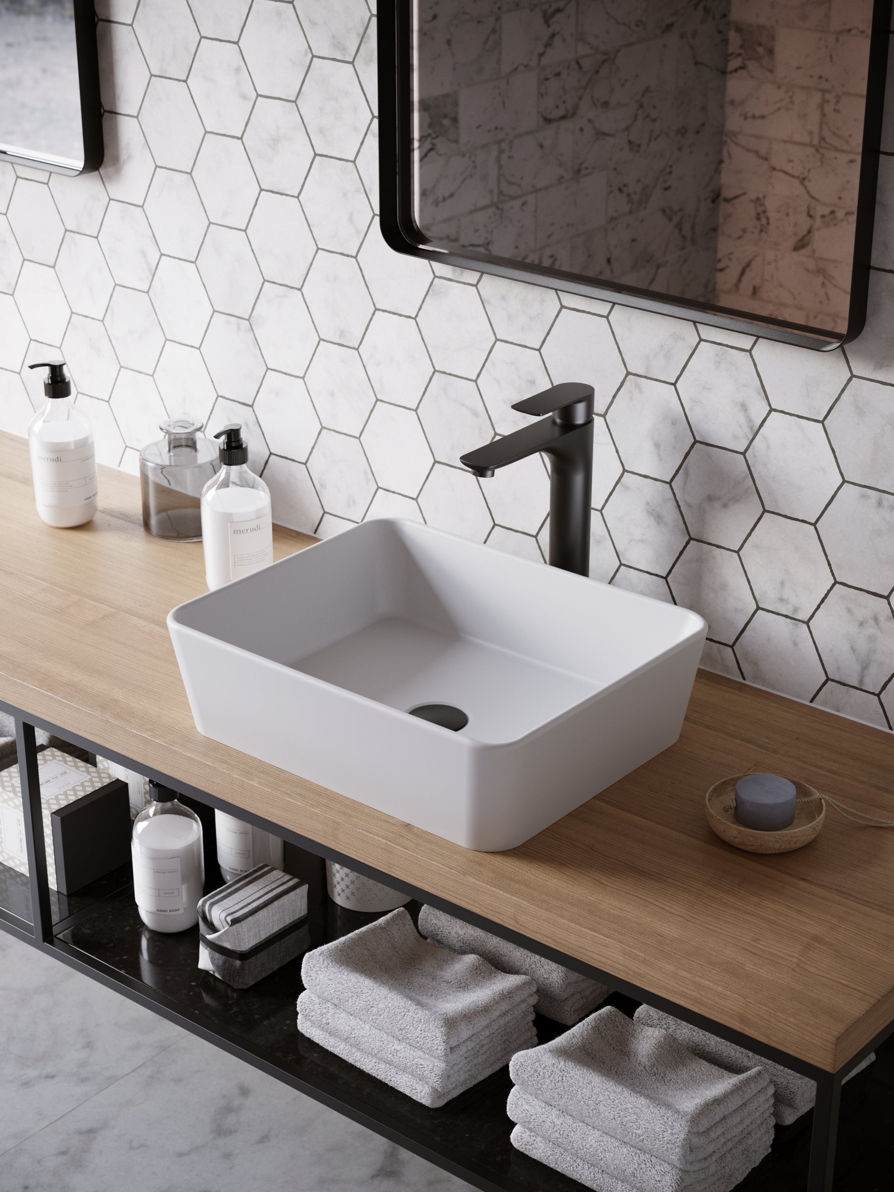 Karran Quattro 18" x 14.5" Rectangular Vessel Acrylic Solid Surface ADA Bathroom Sink with Matte Black Faucet and Accessories, White, QM172WH422MB