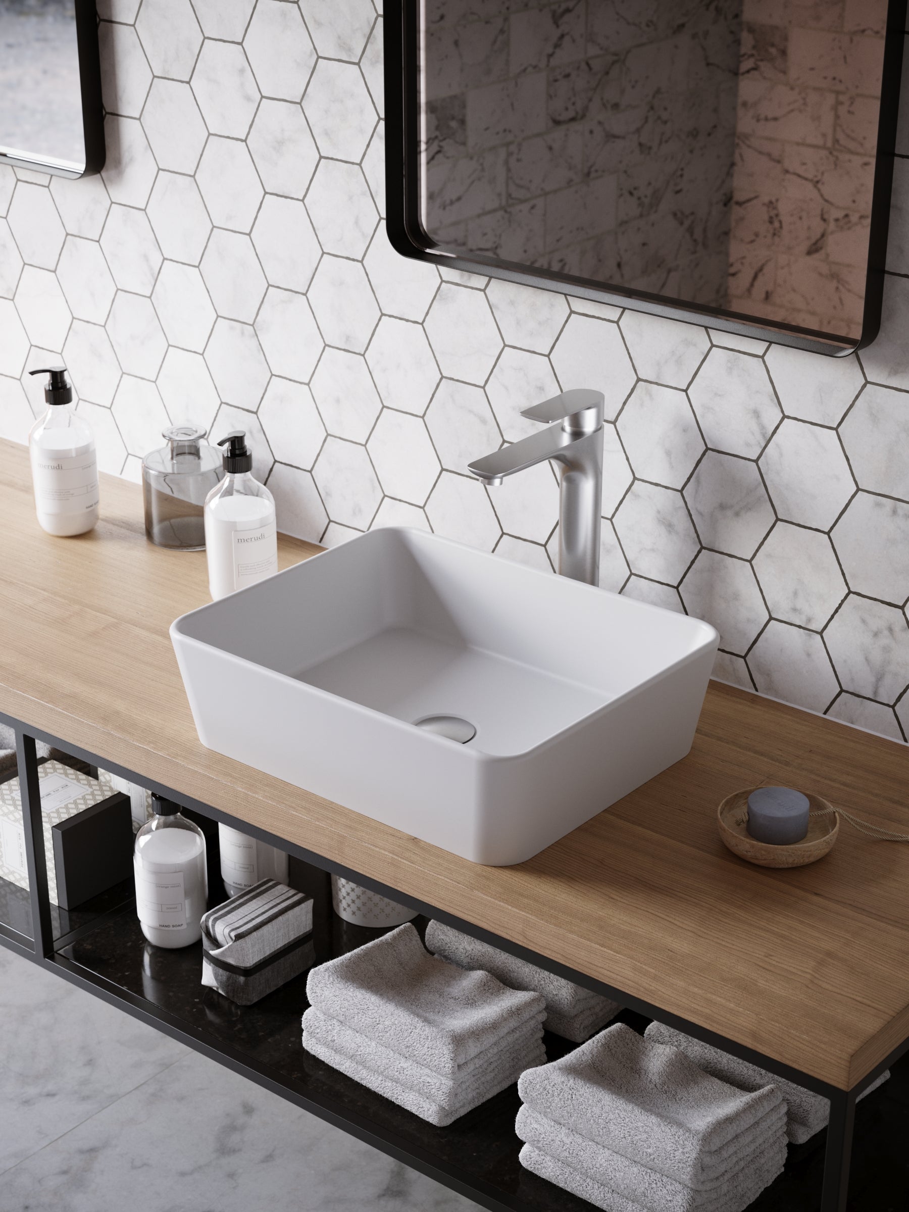 Karran Quattro 18" x 14.5" Rectangular Vessel Acrylic Solid Surface ADA Bathroom Sink with Stainless Steel Faucet and Accessories, White, QM172WH422SS