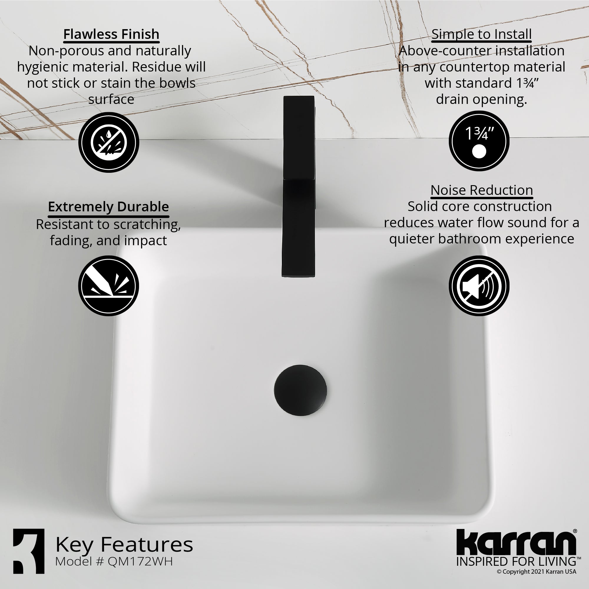 Karran Quattro 18" x 14.5" Rectangular Vessel Acrylic Solid Surface ADA Bathroom Sink with Stainless Steel Faucet and Accessories, White, QM172WH422SS