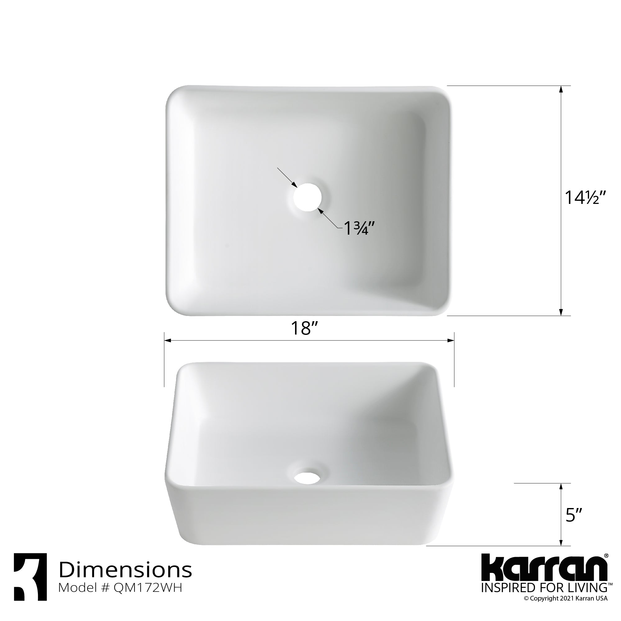 Karran Quattro 18" x 14.5" Rectangular Vessel Acrylic Solid Surface ADA Bathroom Sink with Stainless Steel Faucet and Accessories, White, QM172WH422SS