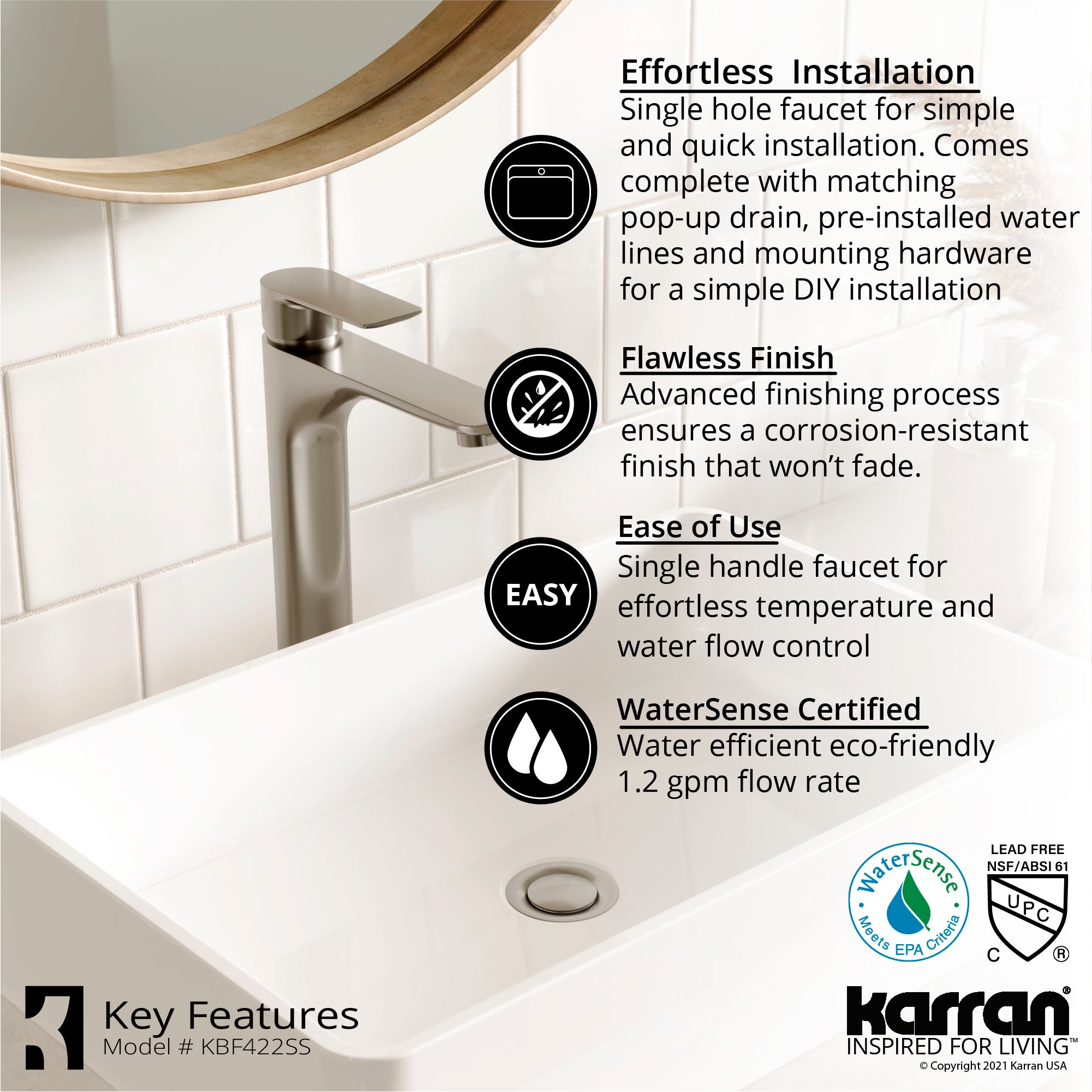 Karran Quattro 18" x 14.5" Rectangular Vessel Acrylic Solid Surface ADA Bathroom Sink with Stainless Steel Faucet and Accessories, White, QM172WH422SS