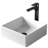 Karran Quattro 14.5" x 14.5" Square Vessel Acrylic Solid Surface ADA Bathroom Sink with Matte Black Faucet and Accessories, White, QM174WH422MB