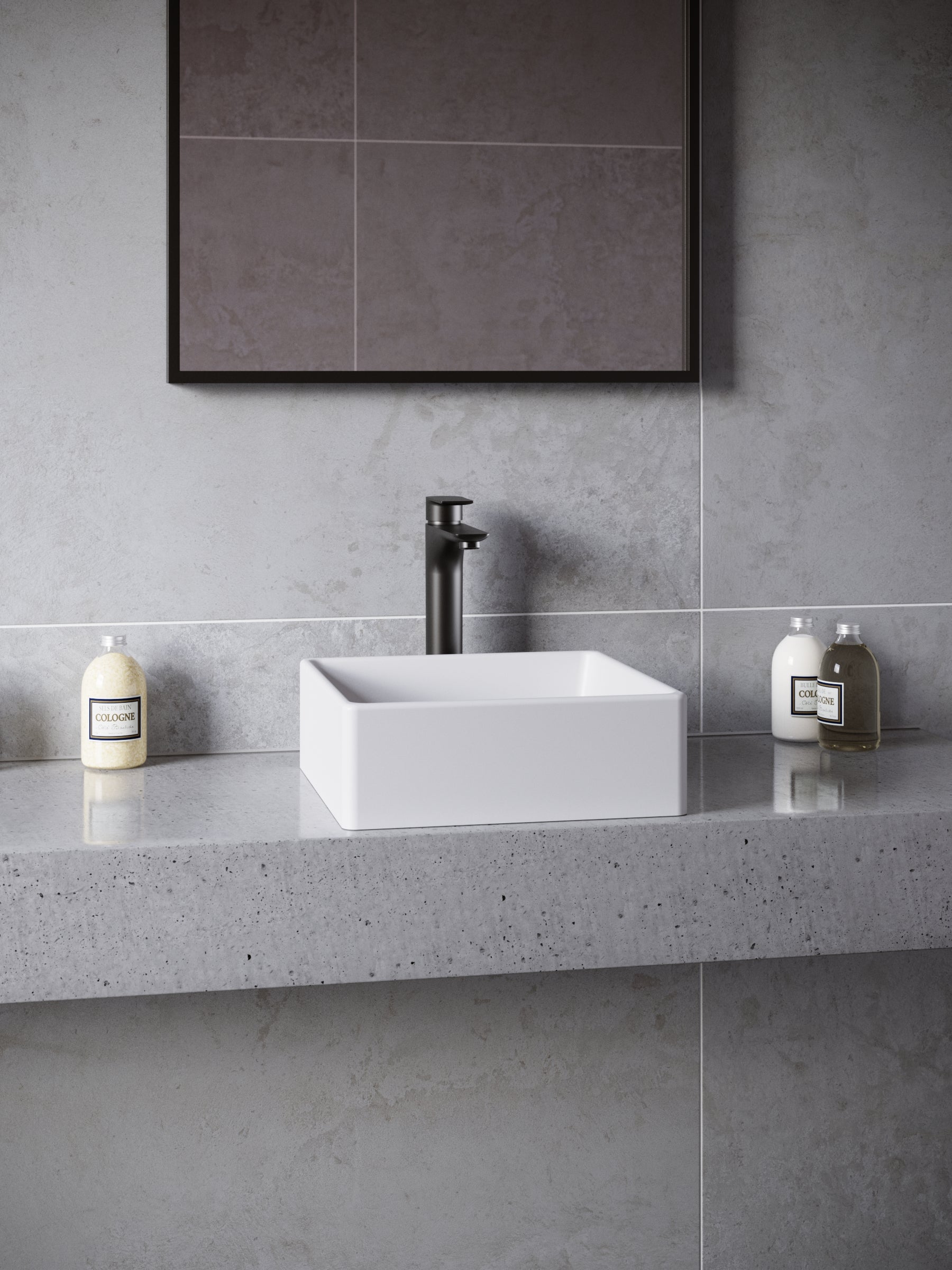 Karran Quattro 14.5" x 14.5" Square Vessel Acrylic Solid Surface ADA Bathroom Sink with Matte Black Faucet and Accessories, White, QM174WH422MB