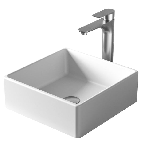 Karran Quattro 14.5" x 14.5" Square Vessel Acrylic Solid Surface ADA Bathroom Sink with Stainless Steel Faucet and Accessories, White, QM174WH422SS
