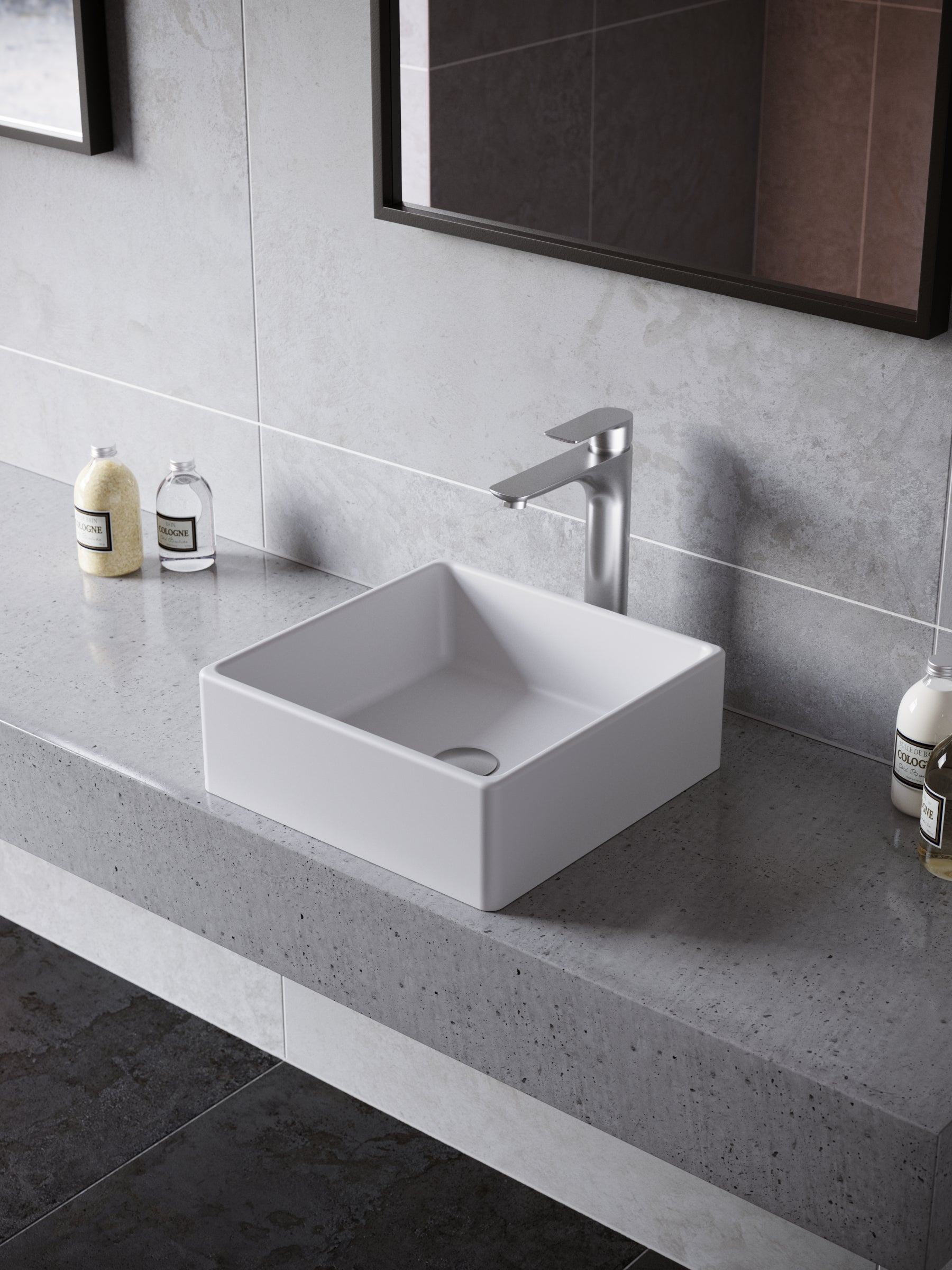 Karran Quattro 14.5" x 14.5" Square Vessel Acrylic Solid Surface ADA Bathroom Sink with Stainless Steel Faucet and Accessories, White, QM174WH422SS
