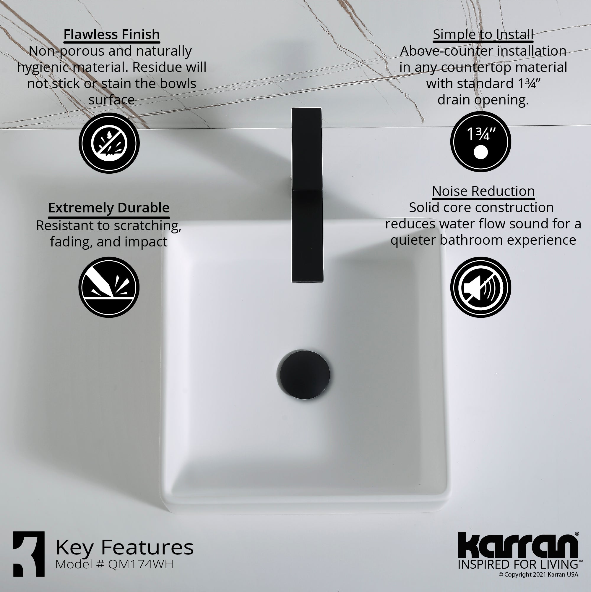 Karran Quattro 14.5" x 14.5" Square Vessel Acrylic Solid Surface ADA Bathroom Sink with Stainless Steel Faucet and Accessories, White, QM174WH422SS