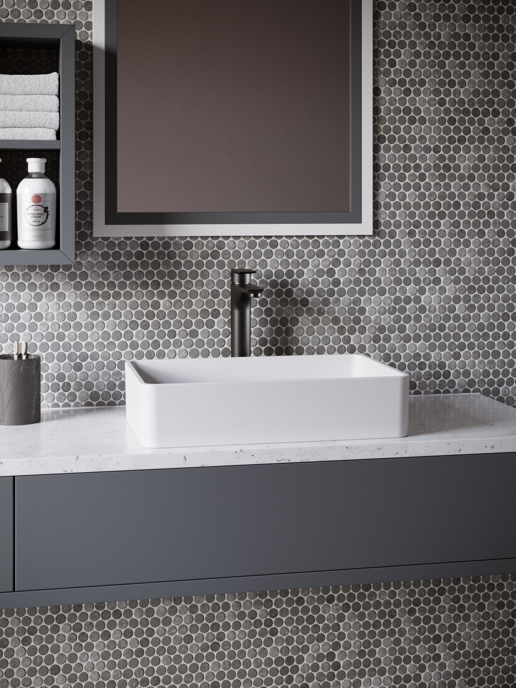 Karran Quattro 21.25" x 13.75" Rectangular Vessel Acrylic Solid Surface ADA Bathroom Sink with Matte Black Faucet and Accessories, White, QM176WH422MB
