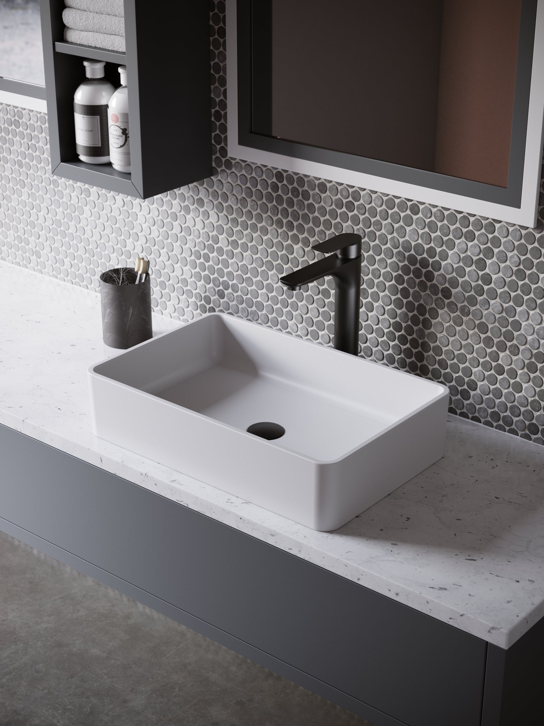 Karran Quattro 21.25" x 13.75" Rectangular Vessel Acrylic Solid Surface ADA Bathroom Sink with Matte Black Faucet and Accessories, White, QM176WH422MB