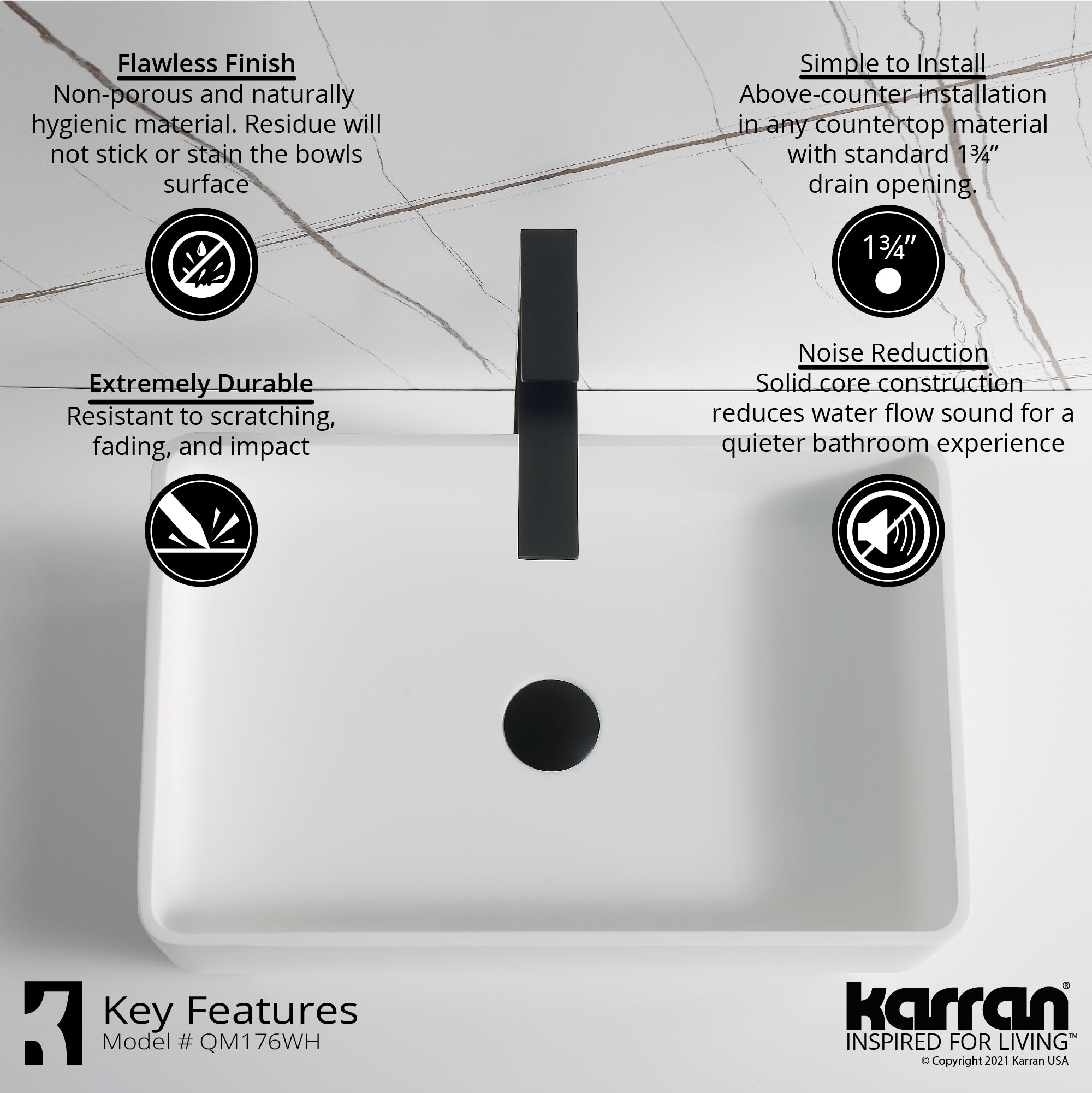 Karran Quattro 21.25" x 13.75" Rectangular Vessel Acrylic Solid Surface ADA Bathroom Sink with Matte Black Faucet and Accessories, White, QM176WH422MB
