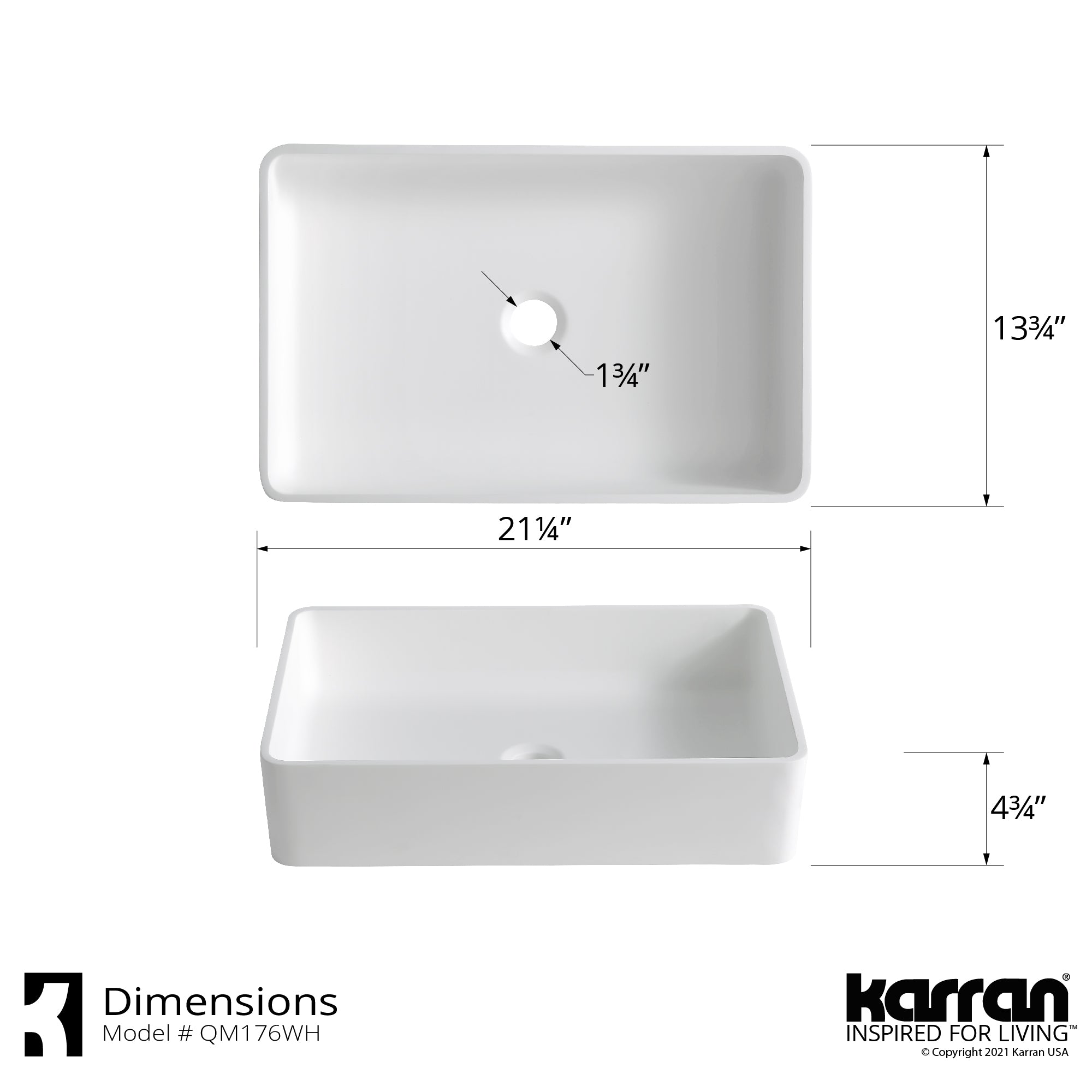 Karran Quattro 21.25" x 13.75" Rectangular Vessel Acrylic Solid Surface ADA Bathroom Sink with Matte Black Faucet and Accessories, White, QM176WH422MB