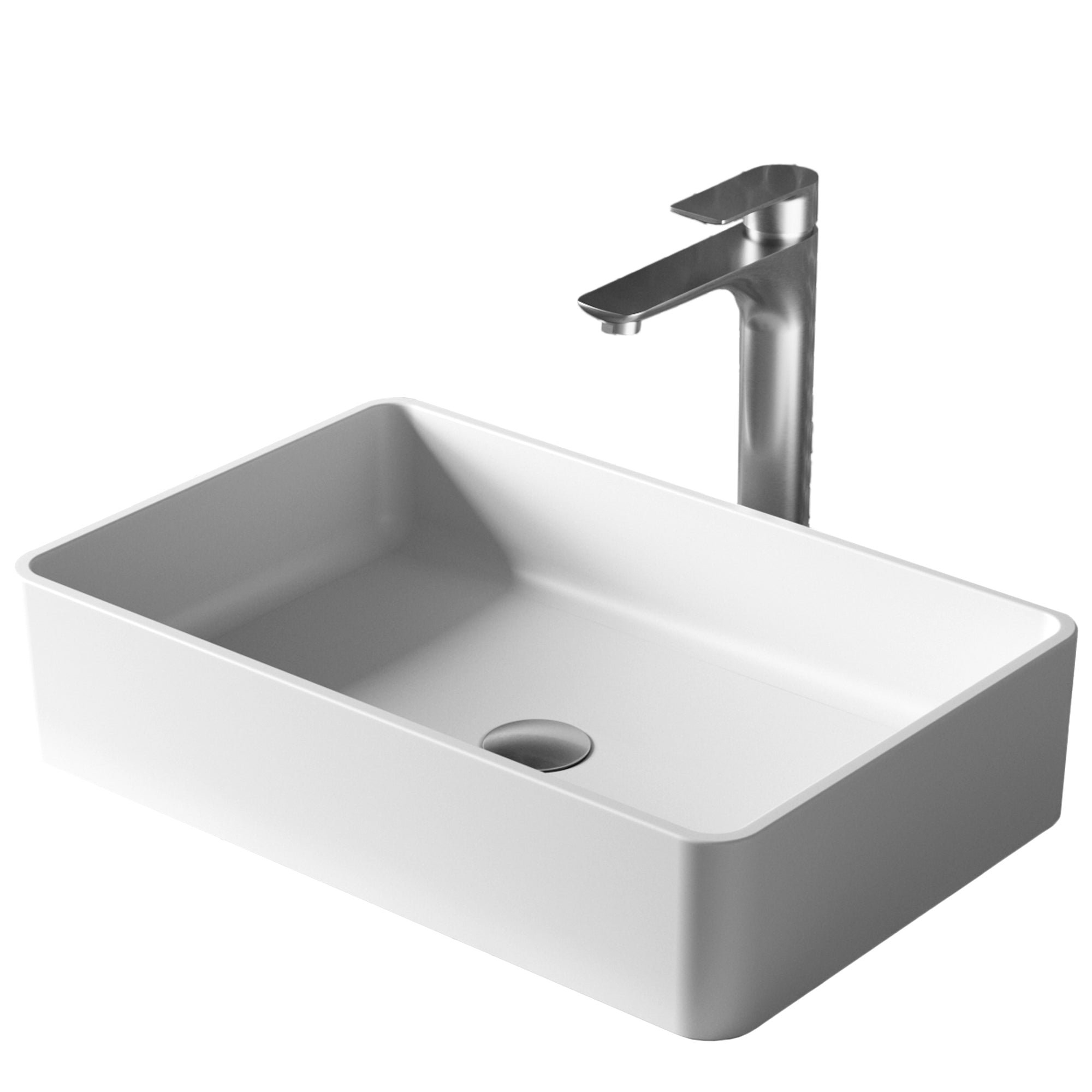 Karran Quattro 21.25" x 13.75" Rectangular Vessel Acrylic Solid Surface ADA Bathroom Sink with Stainless Steel Faucet and Accessories, White, QM176WH422SS