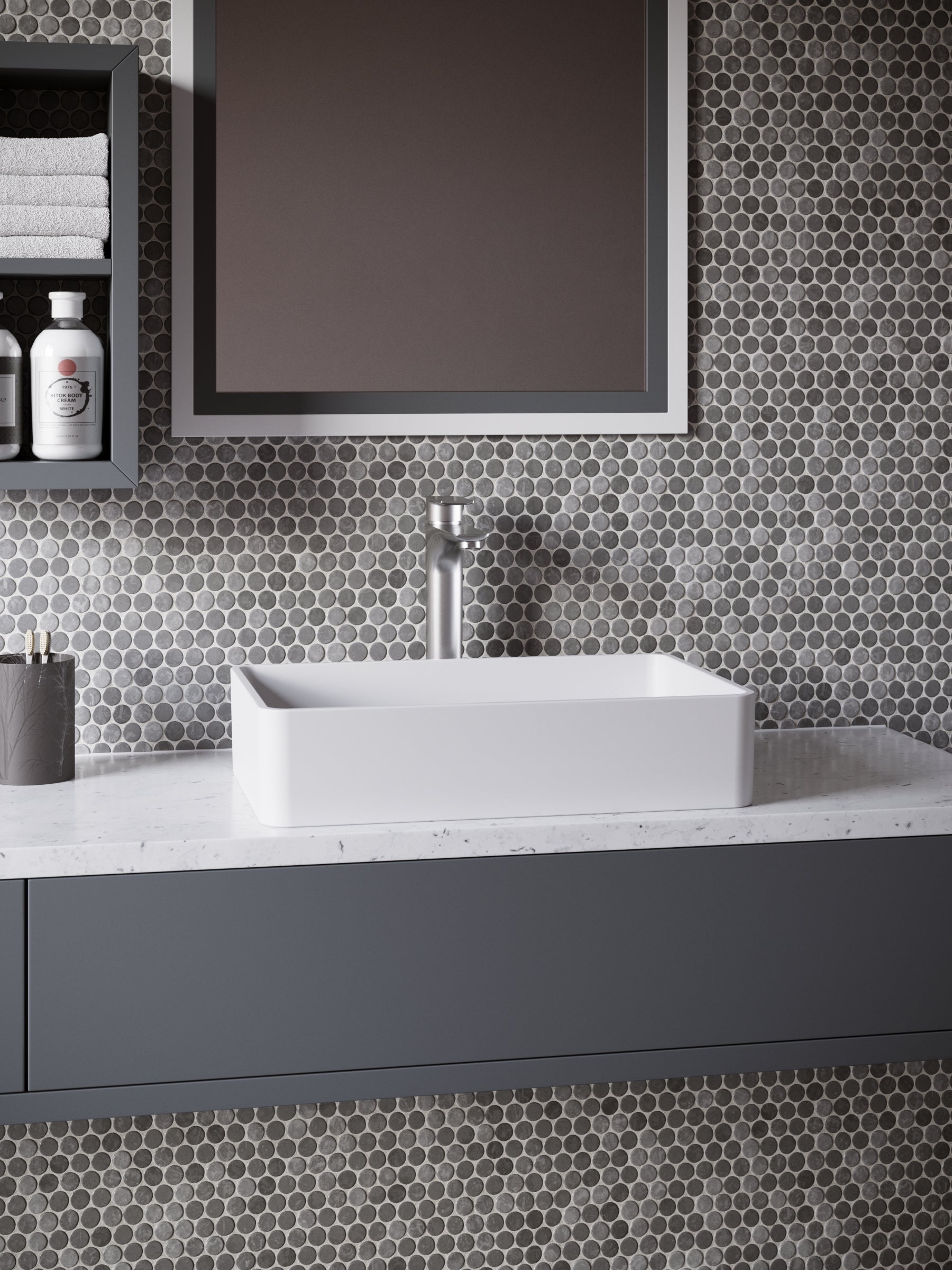 Karran Quattro 21.25" x 13.75" Rectangular Vessel Acrylic Solid Surface ADA Bathroom Sink with Stainless Steel Faucet and Accessories, White, QM176WH422SS