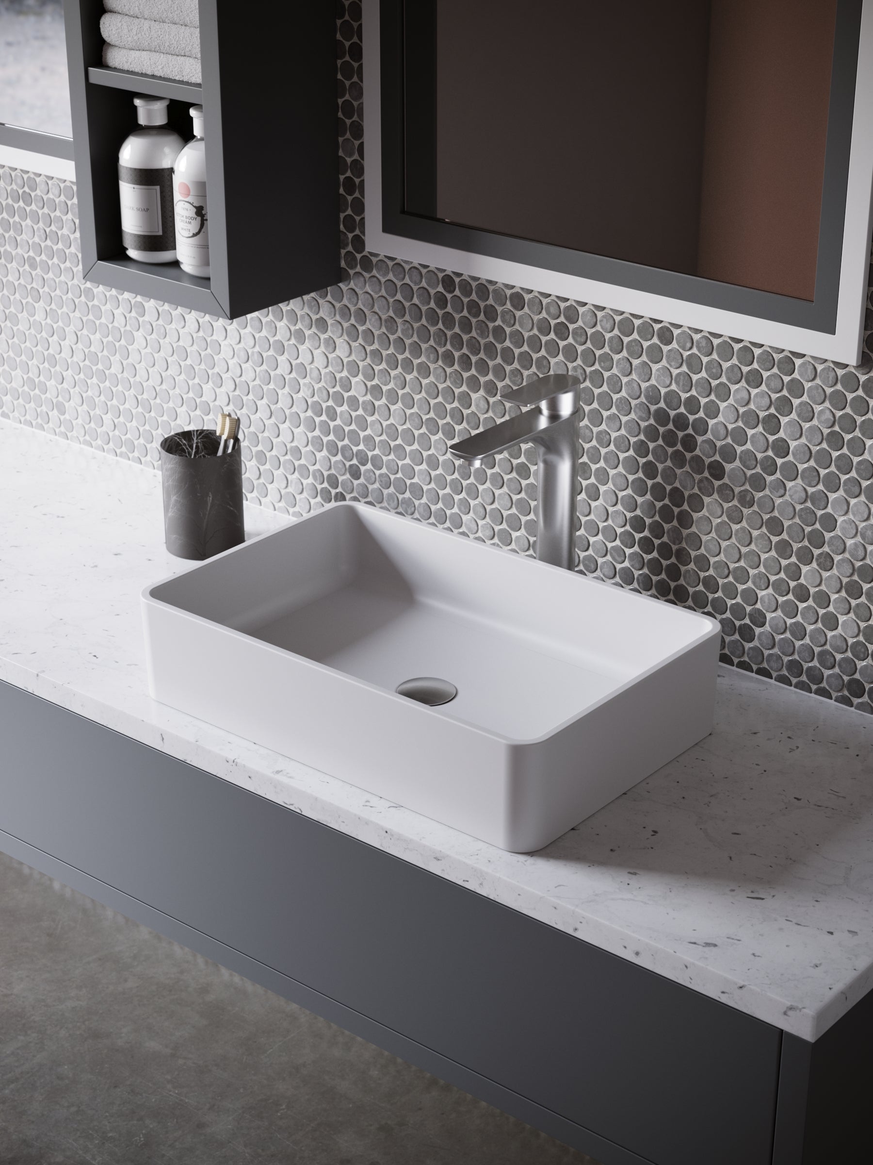 Karran Quattro 21.25" x 13.75" Rectangular Vessel Acrylic Solid Surface ADA Bathroom Sink with Stainless Steel Faucet and Accessories, White, QM176WH422SS