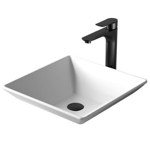 Karran Quattro 16" x 16" Square Vessel Acrylic Solid Surface ADA Bathroom Sink with Matte Black Faucet and Accessories, White, QM178WH422MB