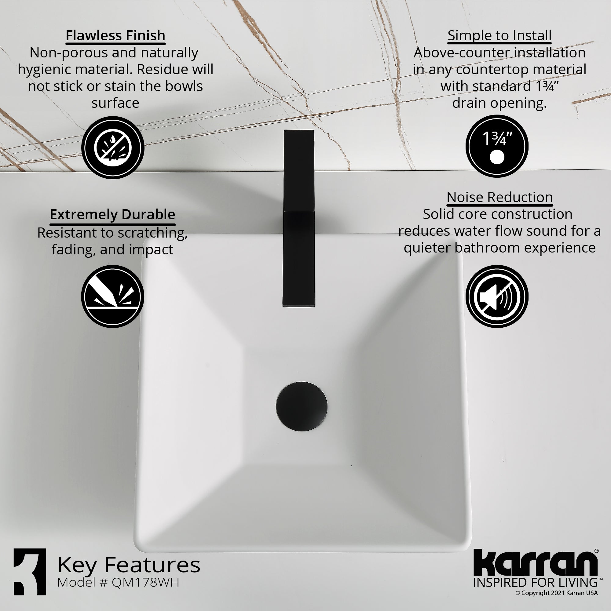Karran Quattro 16" x 16" Square Vessel Acrylic Solid Surface ADA Bathroom Sink with Matte Black Faucet and Accessories, White, QM178WH422MB