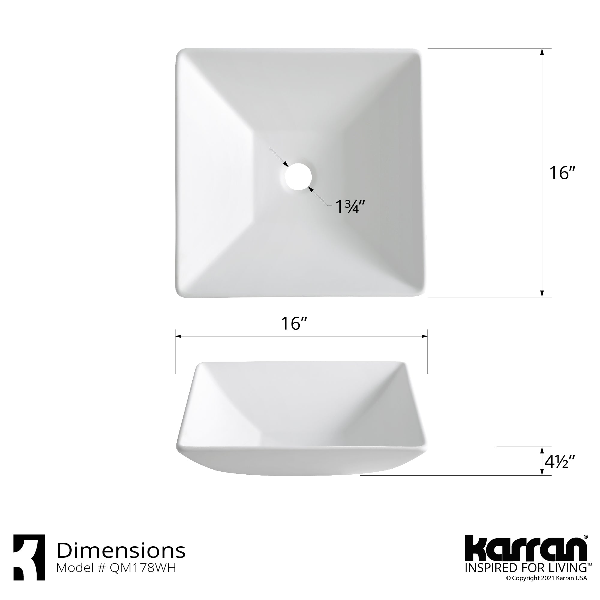Karran Quattro 16" x 16" Square Vessel Acrylic Solid Surface ADA Bathroom Sink with Matte Black Faucet and Accessories, White, QM178WH422MB