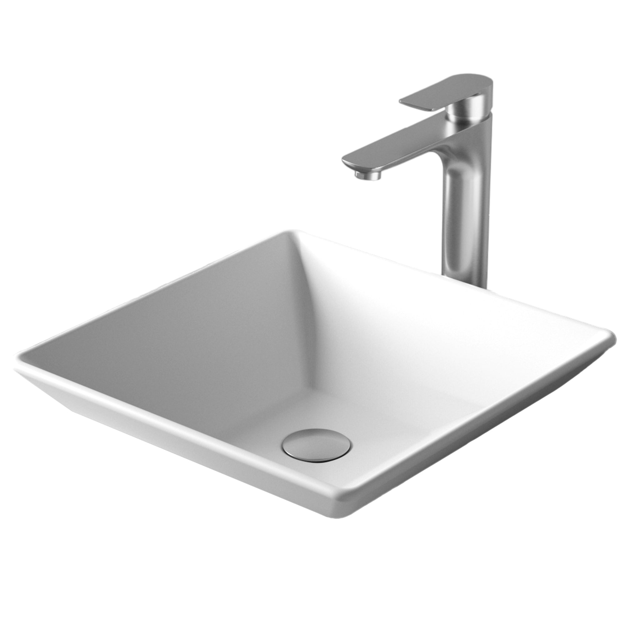 Karran Quattro 16" x 16" Square Vessel Acrylic Solid Surface ADA Bathroom Sink with Stainless Steel Faucet and Accessories, White, QM178WH422SS