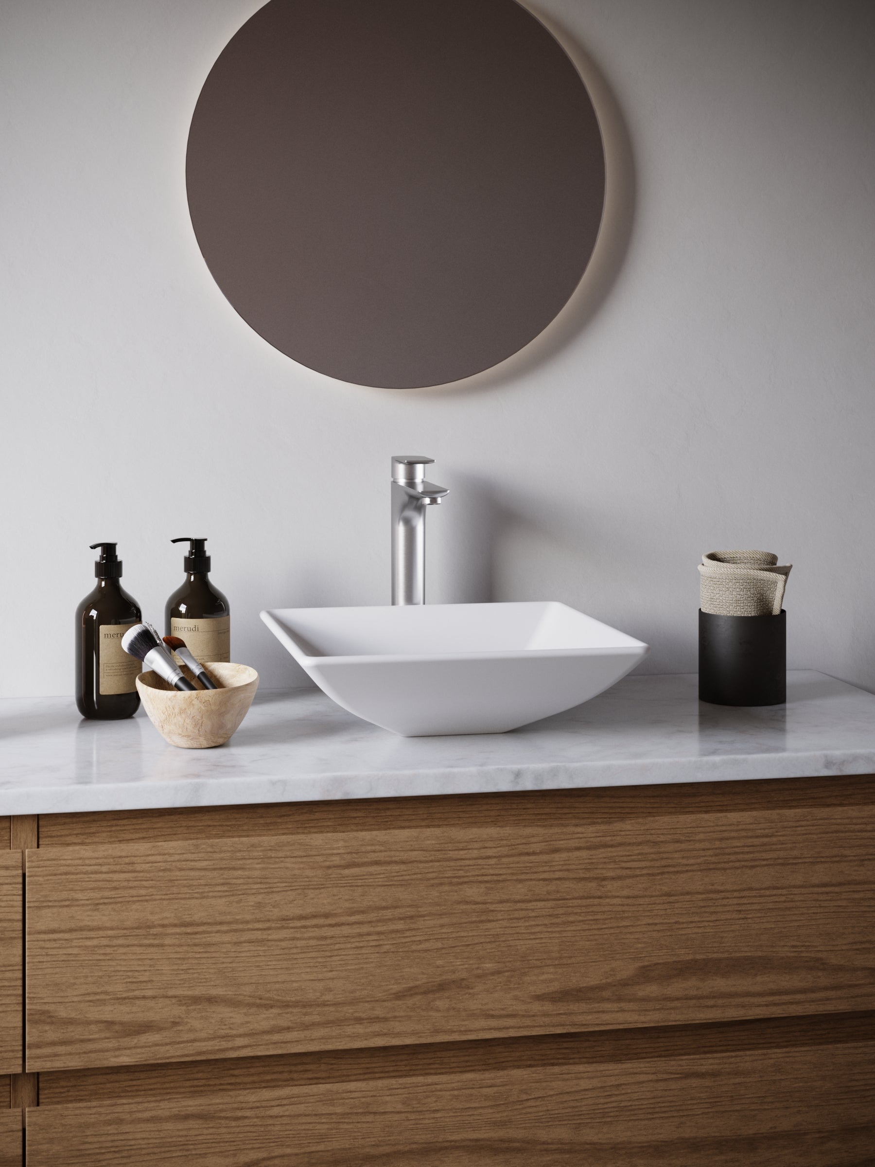 Karran Quattro 16" x 16" Square Vessel Acrylic Solid Surface ADA Bathroom Sink with Stainless Steel Faucet and Accessories, White, QM178WH422SS