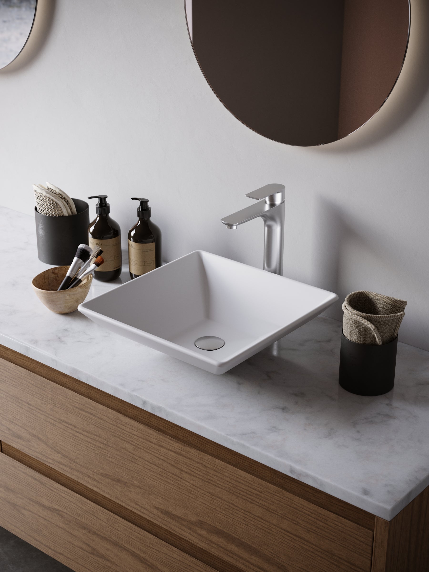 Karran Quattro 16" x 16" Square Vessel Acrylic Solid Surface ADA Bathroom Sink with Stainless Steel Faucet and Accessories, White, QM178WH422SS