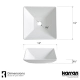 Karran Quattro 16" x 16" Square Vessel Acrylic Solid Surface ADA Bathroom Sink with Stainless Steel Faucet and Accessories, White, QM178WH422SS