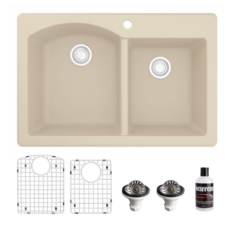 Karran 33" Drop In/Topmount Quartz Composite Kitchen Sink, 60/40 Double Bowl, Bisque, QT-610-BI-PK1