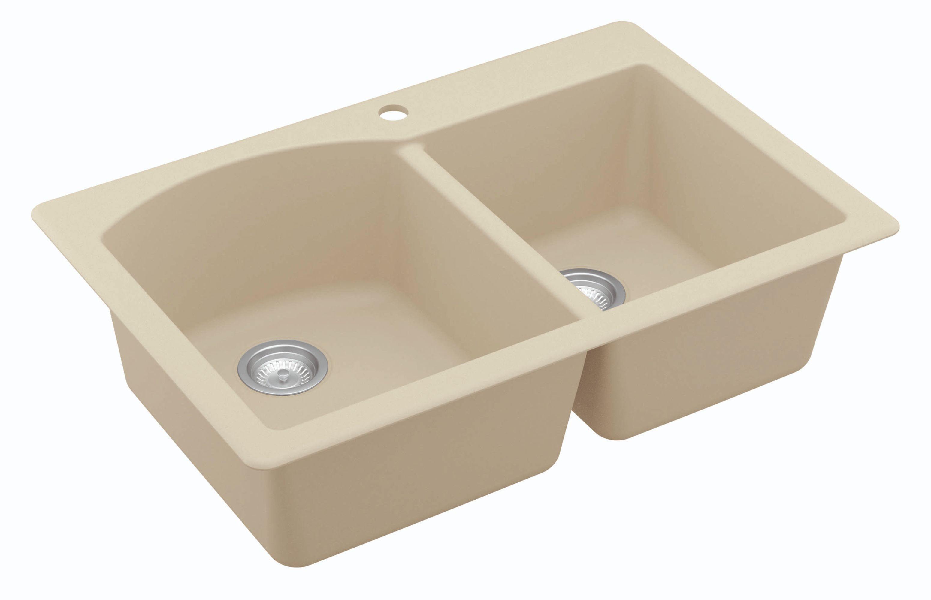 Karran 33" Drop In/Topmount Quartz Composite Kitchen Sink, 60/40 Double Bowl, Bisque, QT-610-BI-PK1